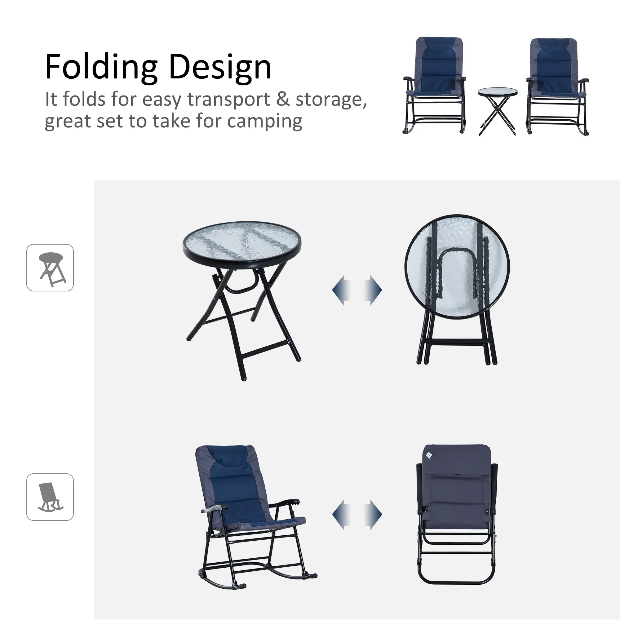 3pc Foldable Rocking Chair Set, Outdoor Bistro w/ Padded Seat, Blue - Image 6