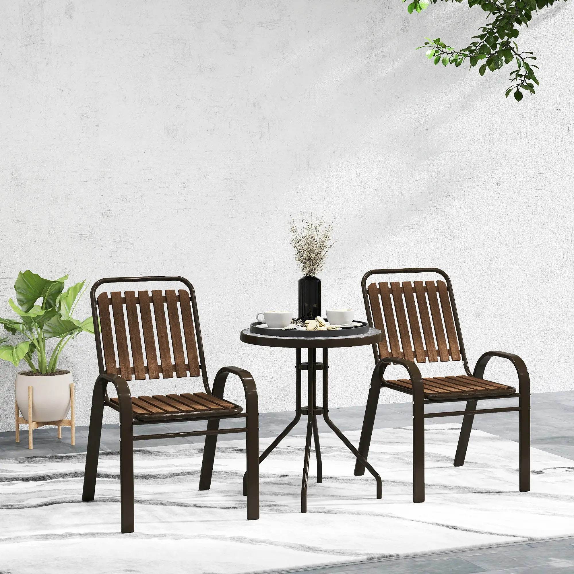 3pc Patio Bistro Set, 2 Stackable Chairs with Glass Table, Outdoor, Dark Brown - Image 10