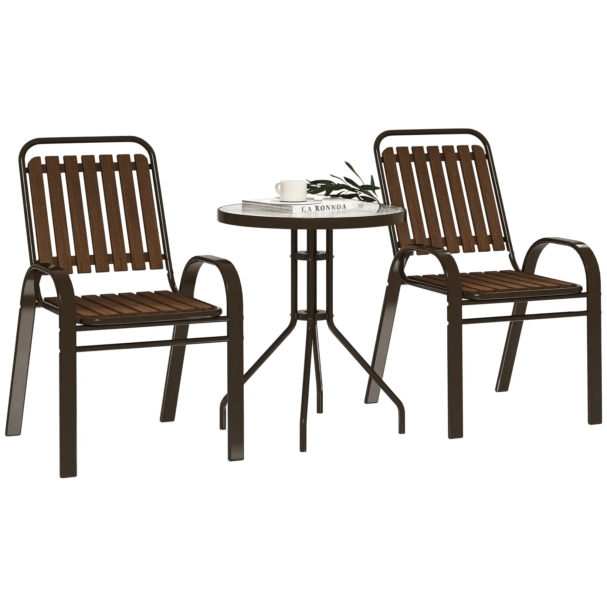 3pc Patio Bistro Set, 2 Stackable Chairs with Glass Table, Outdoor, Dark Brown - Image 11