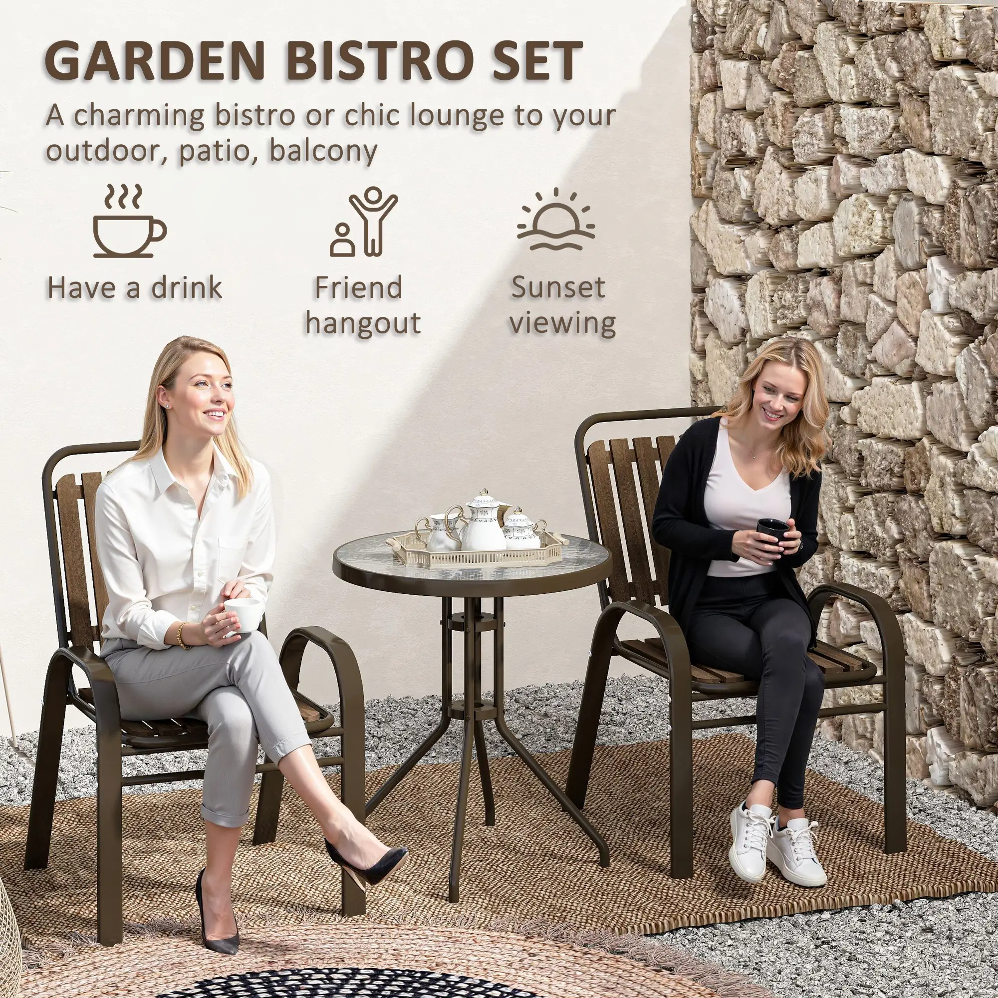 3pc Patio Bistro Set, 2 Stackable Chairs with Glass Table, Outdoor, Dark Brown - Image 4