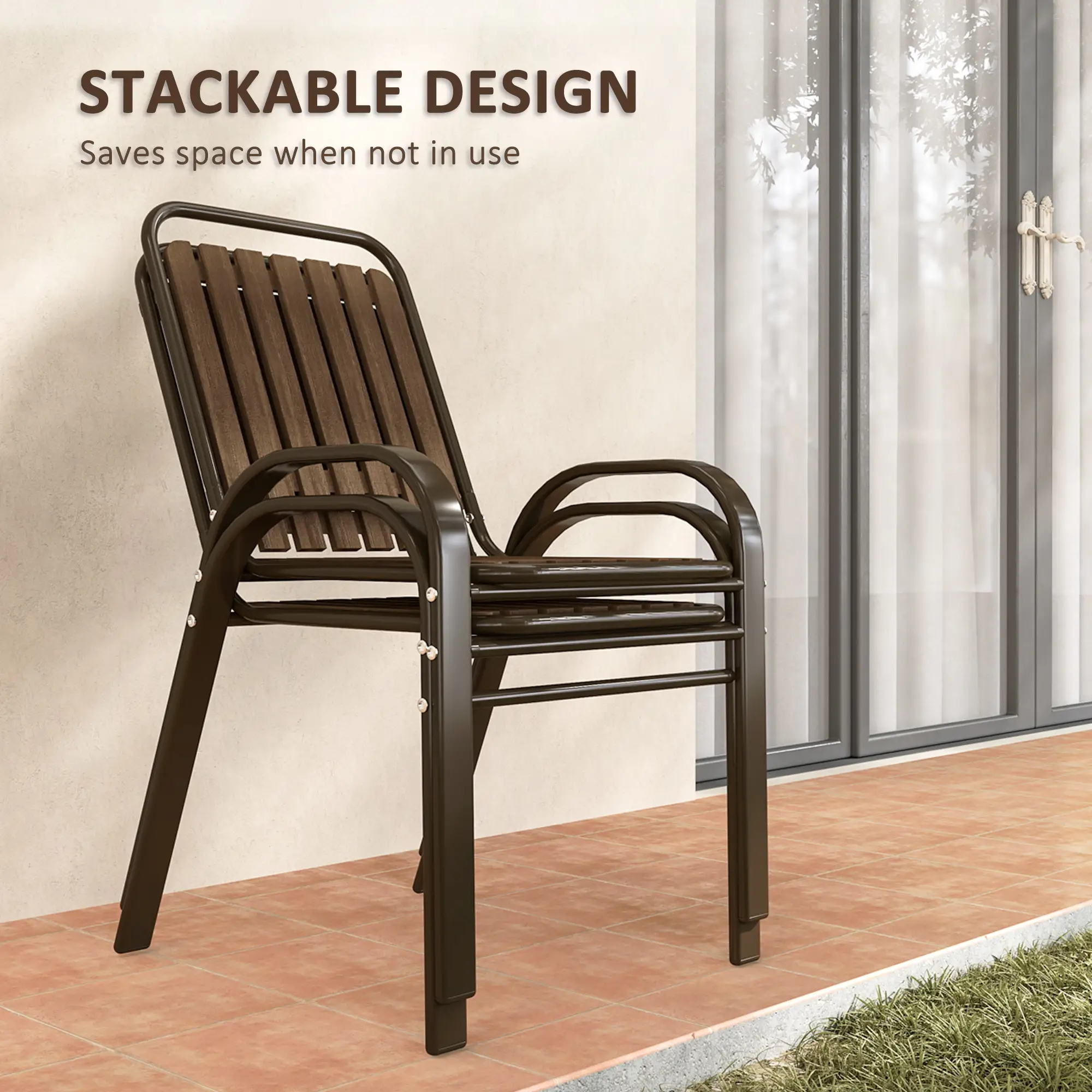 3pc Patio Bistro Set, 2 Stackable Chairs with Glass Table, Outdoor, Dark Brown - Image 5