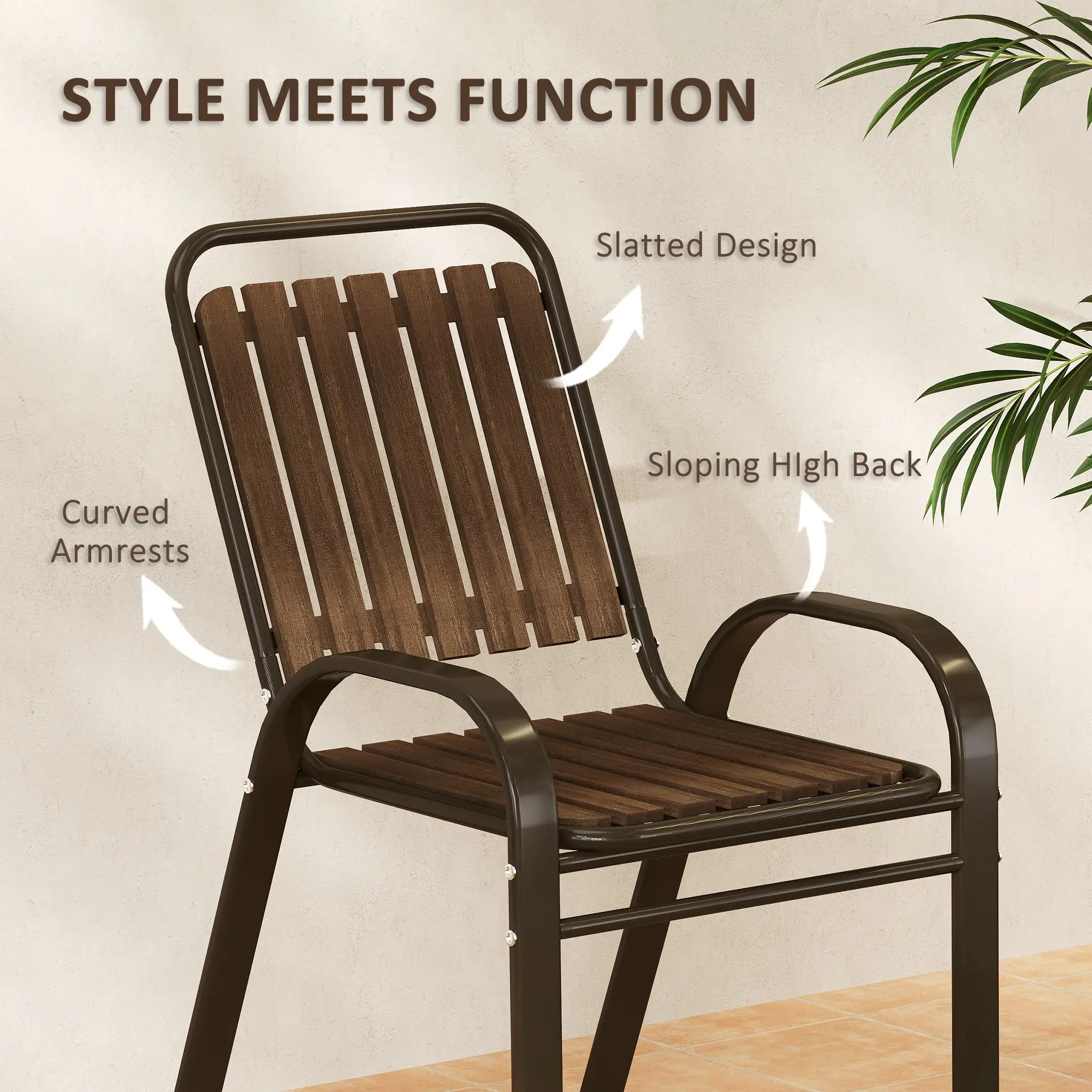 3pc Patio Bistro Set, 2 Stackable Chairs with Glass Table, Outdoor, Dark Brown - Image 7