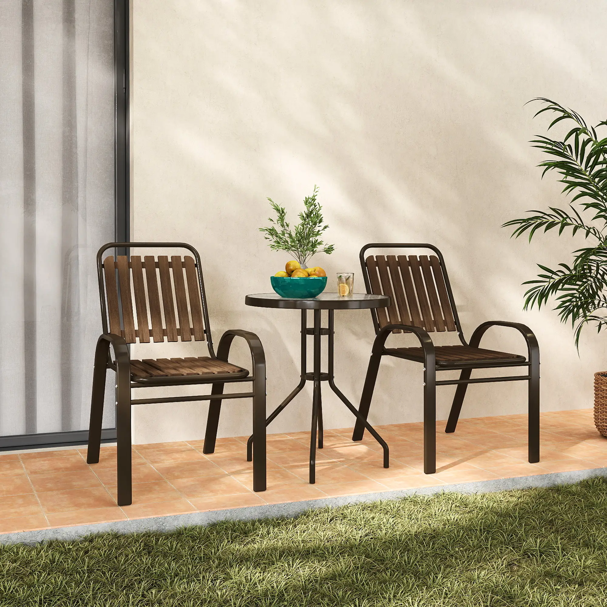 3pc Patio Bistro Set, 2 Stackable Chairs with Glass Table, Outdoor, Dark Brown - Image 8