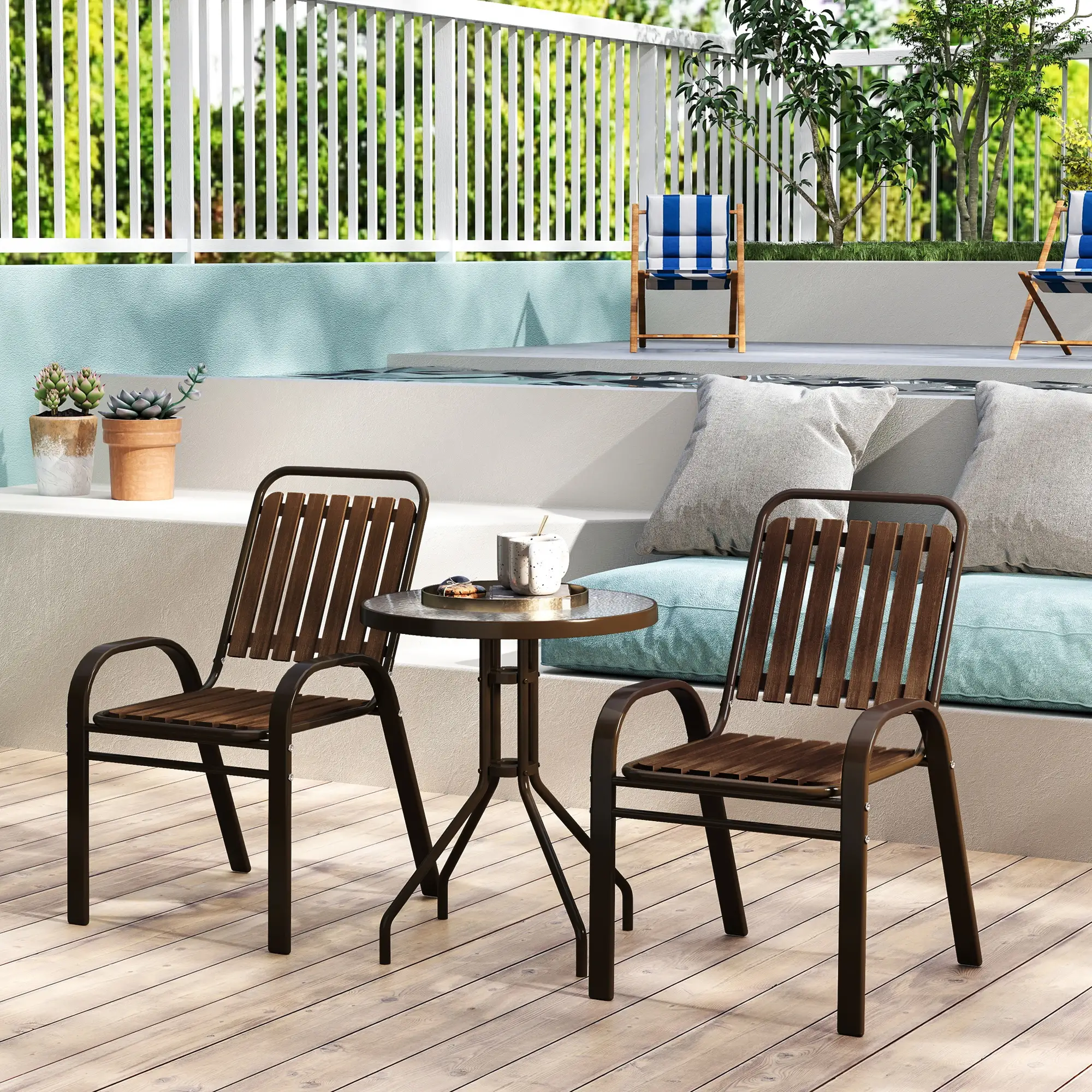3pc Patio Bistro Set, 2 Stackable Chairs with Glass Table, Outdoor, Dark Brown - Image 9