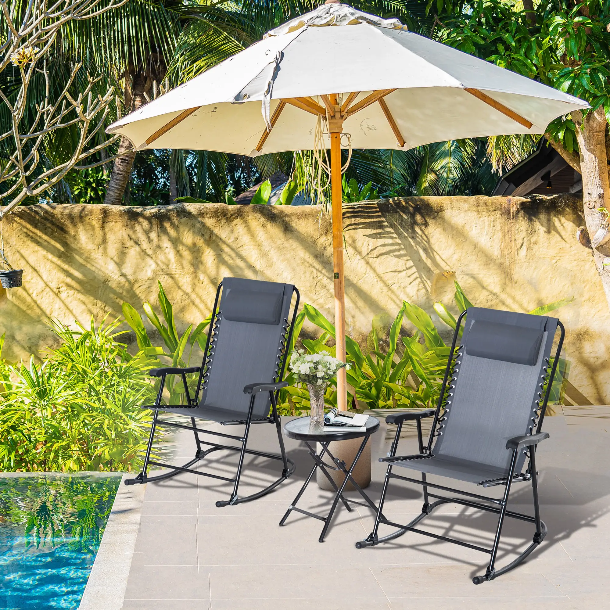 3pc Patio Rocking Chair Set, Folding Outdoor Chairs, Table, Grey - Image 8