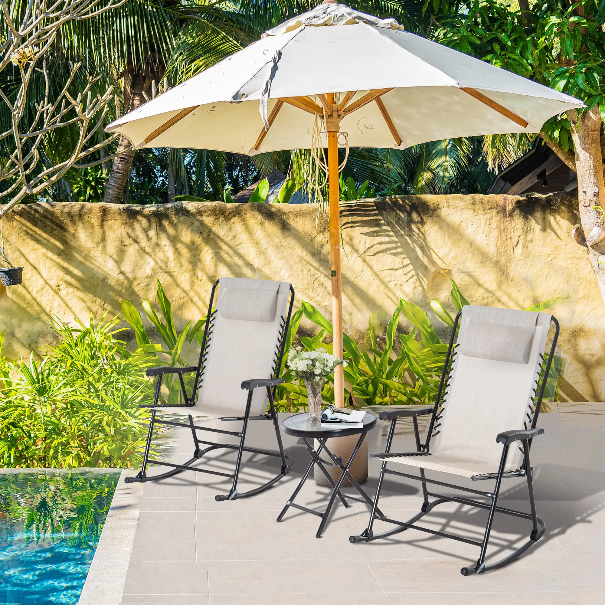 3pc Patio Rocking Chair Set, Folding Outdoor Chairs w/ Table, Cream White - Image 2