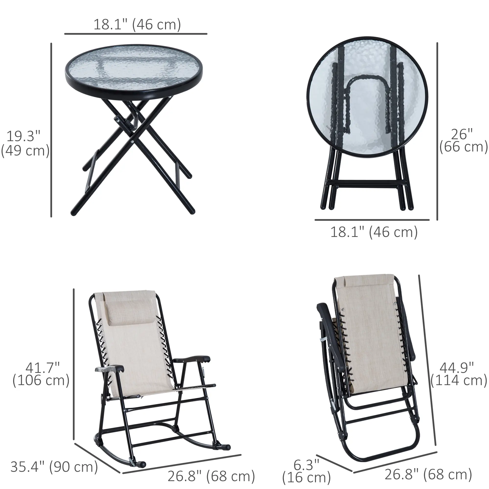 3pc Patio Rocking Chair Set, Folding Outdoor Chairs w/ Table, Cream White - Image 3