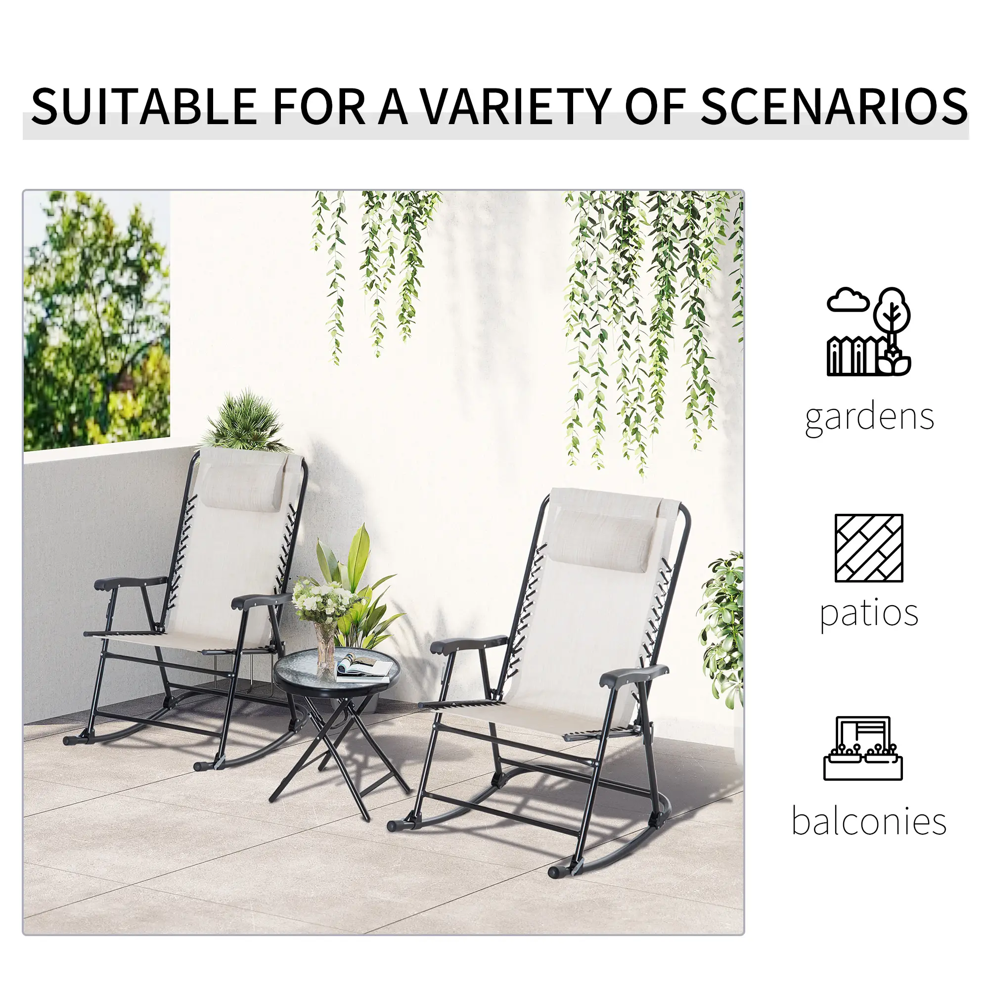 3pc Patio Rocking Chair Set, Folding Outdoor Chairs w/ Table, Cream White - Image 5