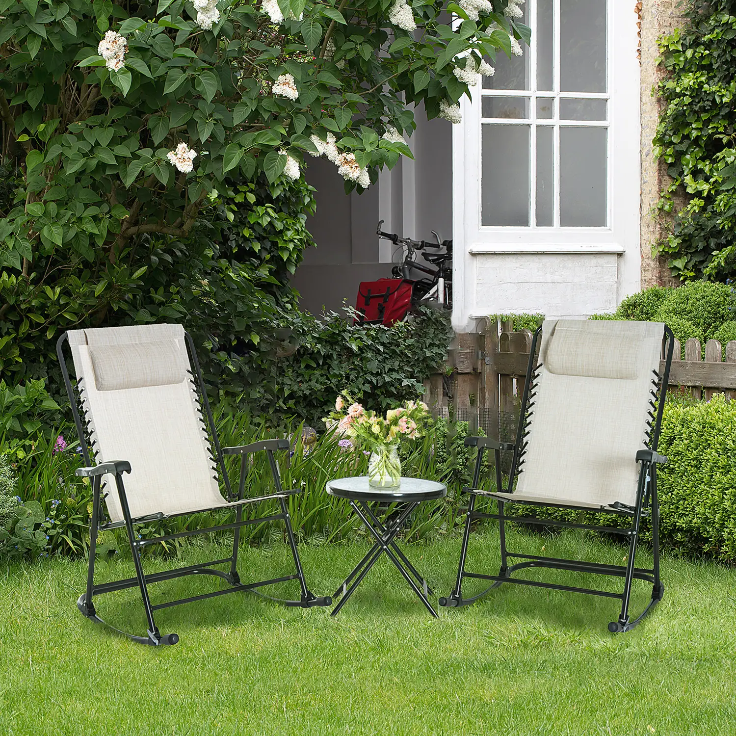 3pc Patio Rocking Chair Set, Folding Outdoor Chairs w/ Table, Cream White - Image 8