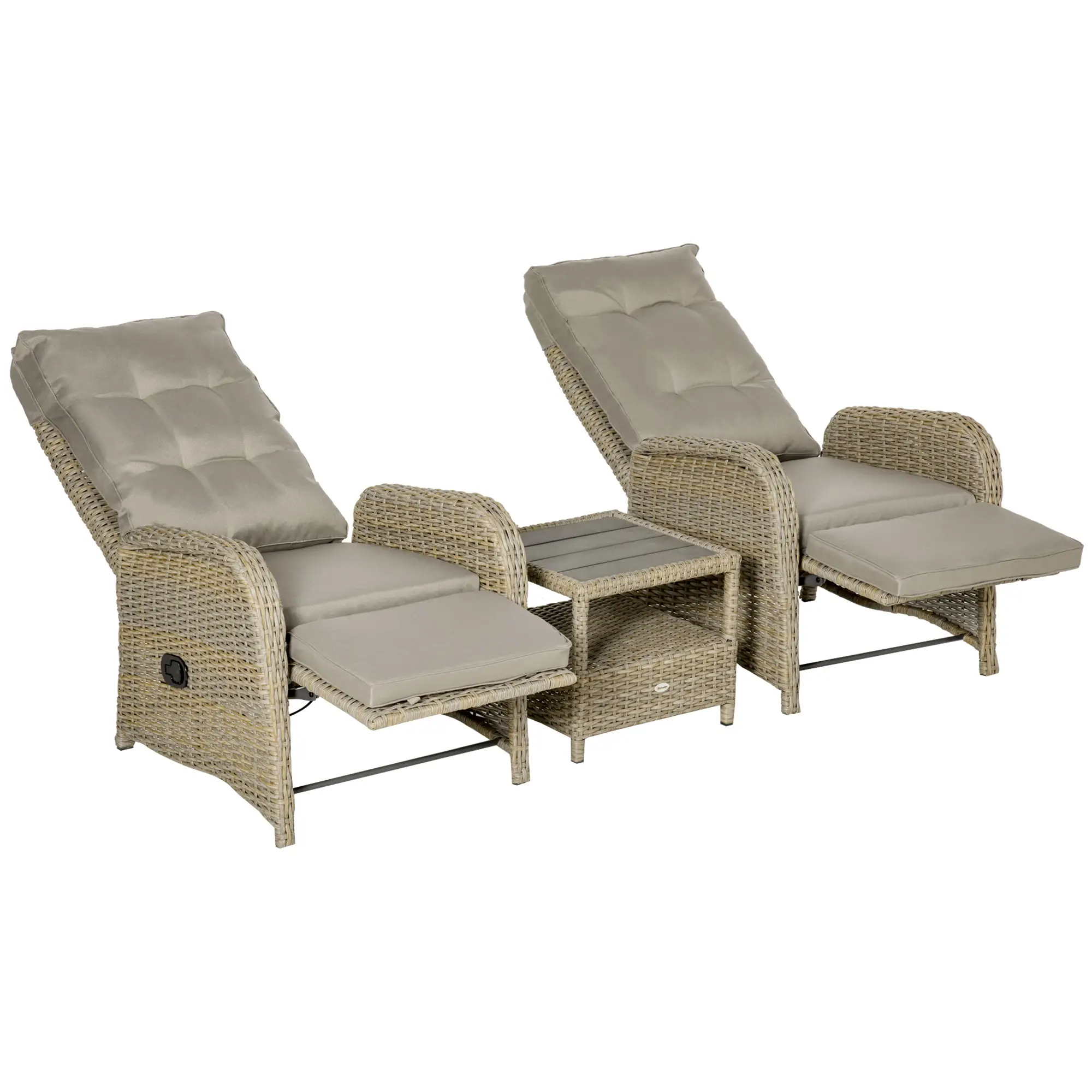 3pc Patio Wicker Bistro Set, PE Rattan Coffee Table, Adjustable Chairs, Khaki