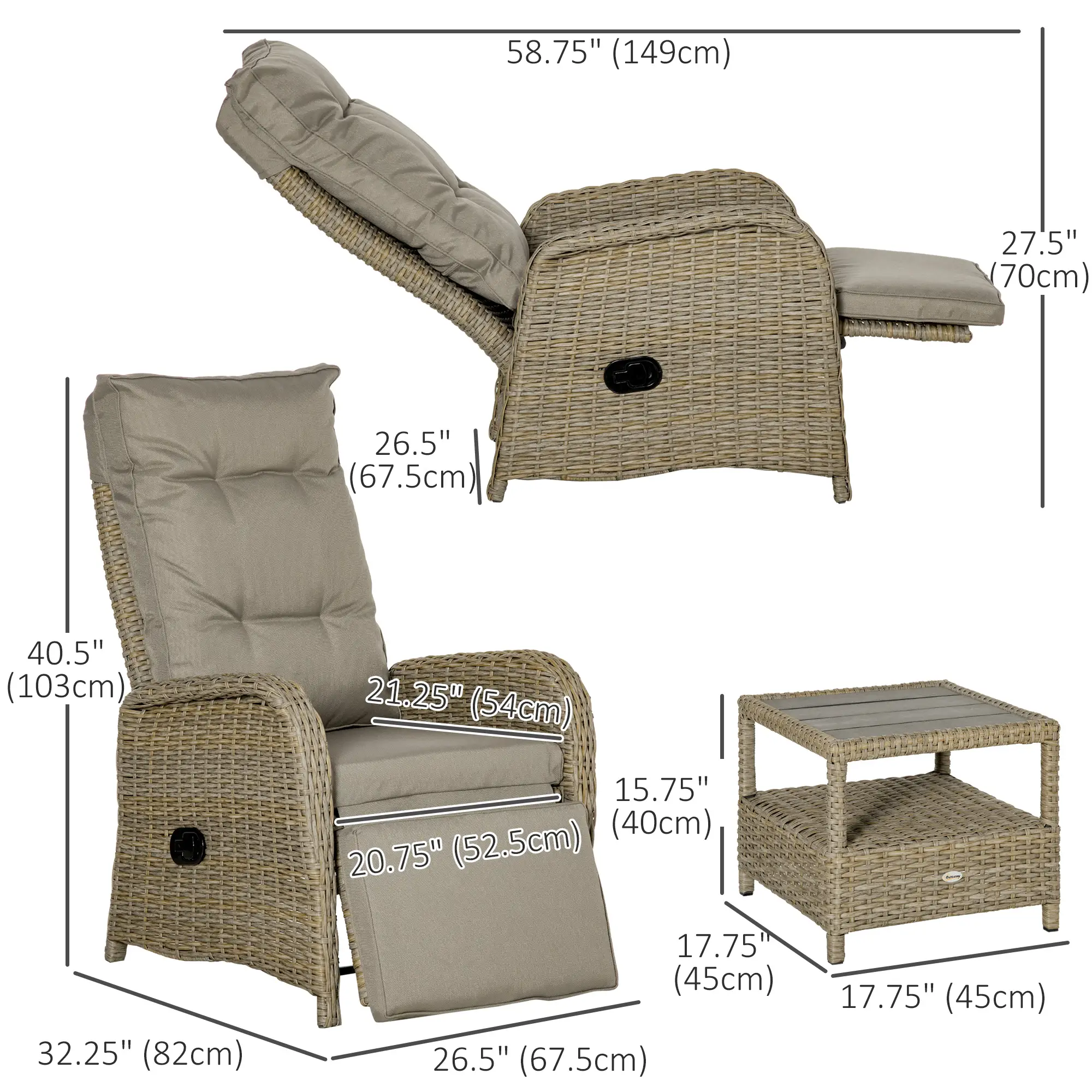 3pc Patio Wicker Bistro Set, PE Rattan Coffee Table, Adjustable Chairs, Khaki - Image 3