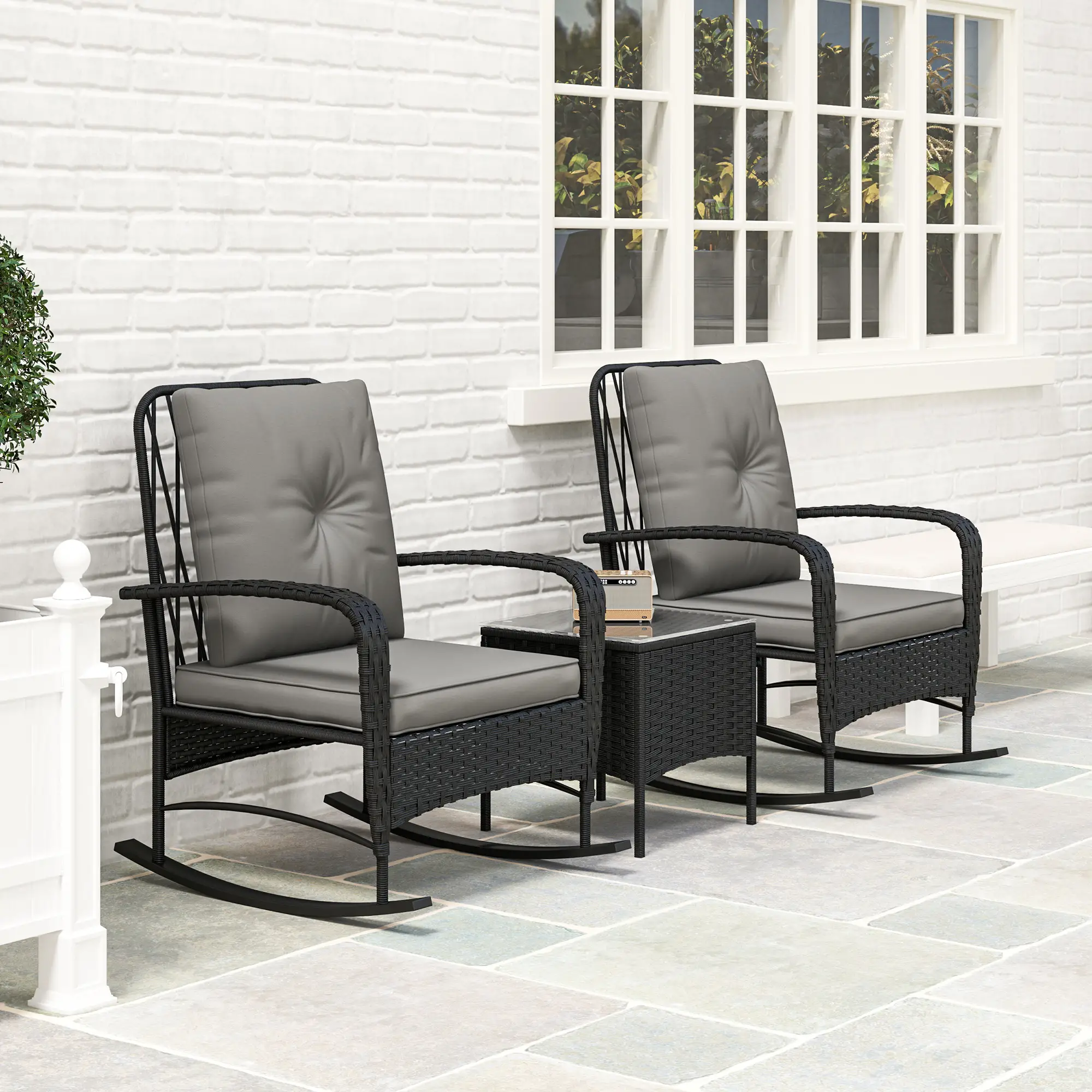 3pc Rattan Bistro Set, Wicker Patio Furniture, Rocking Chairs, Grey - Image 10