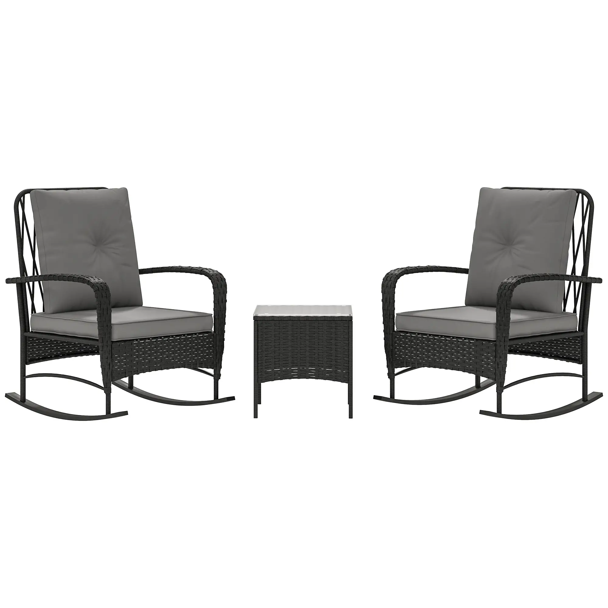 3pc Rattan Bistro Set, Wicker Patio Furniture, Rocking Chairs, Grey - Image 11