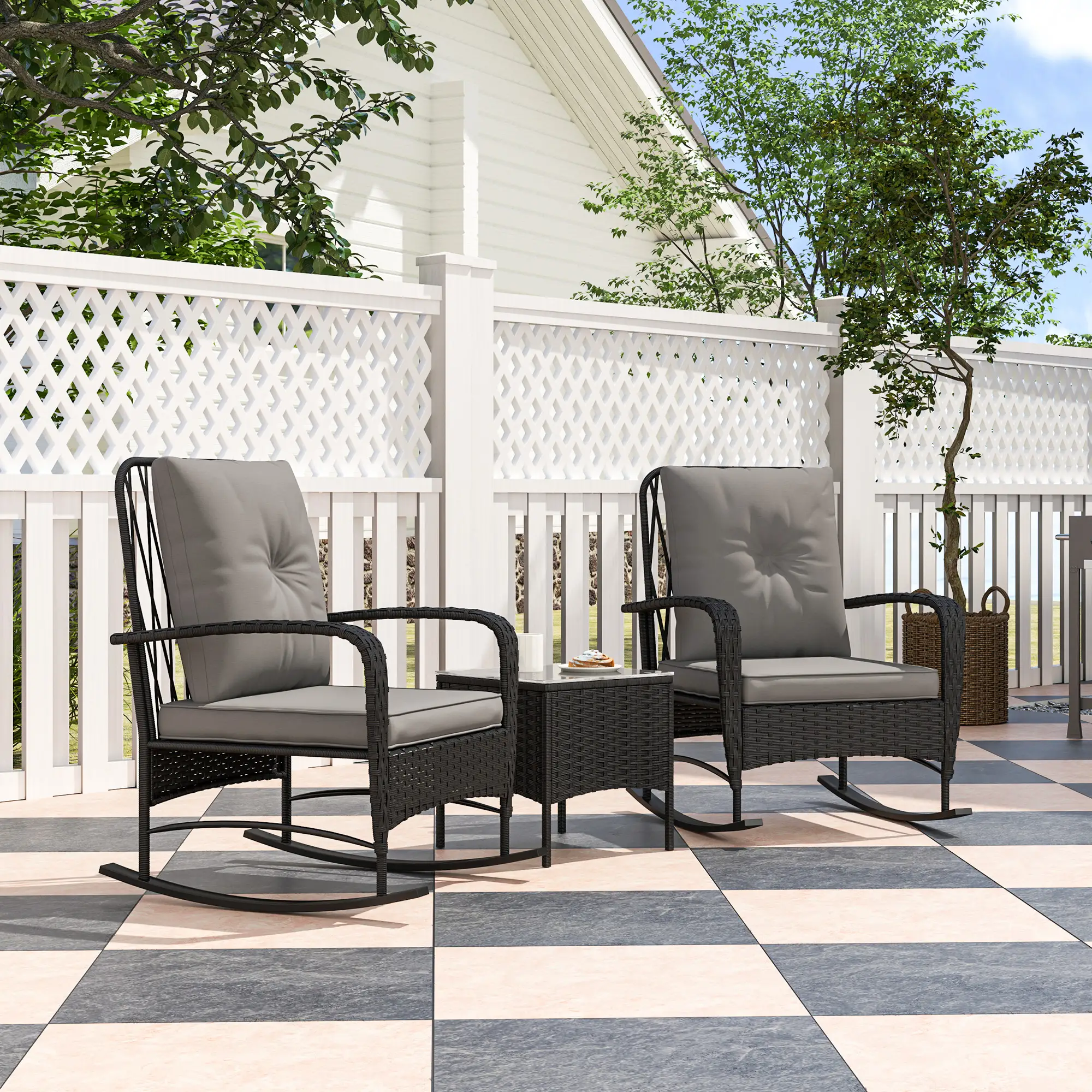 3pc Rattan Bistro Set, Wicker Patio Furniture, Rocking Chairs, Grey - Image 2