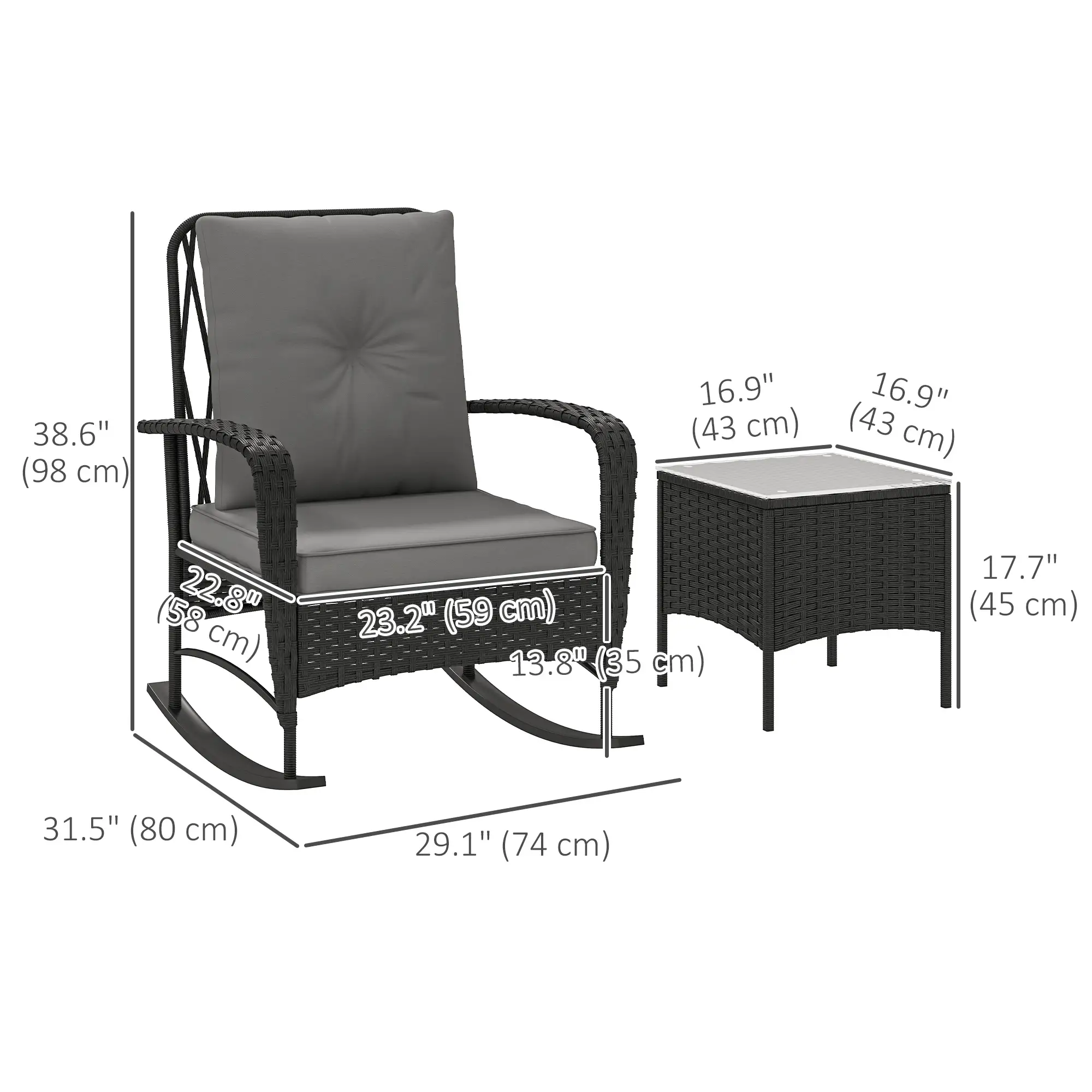 3pc Rattan Bistro Set, Wicker Patio Furniture, Rocking Chairs, Grey - Image 3