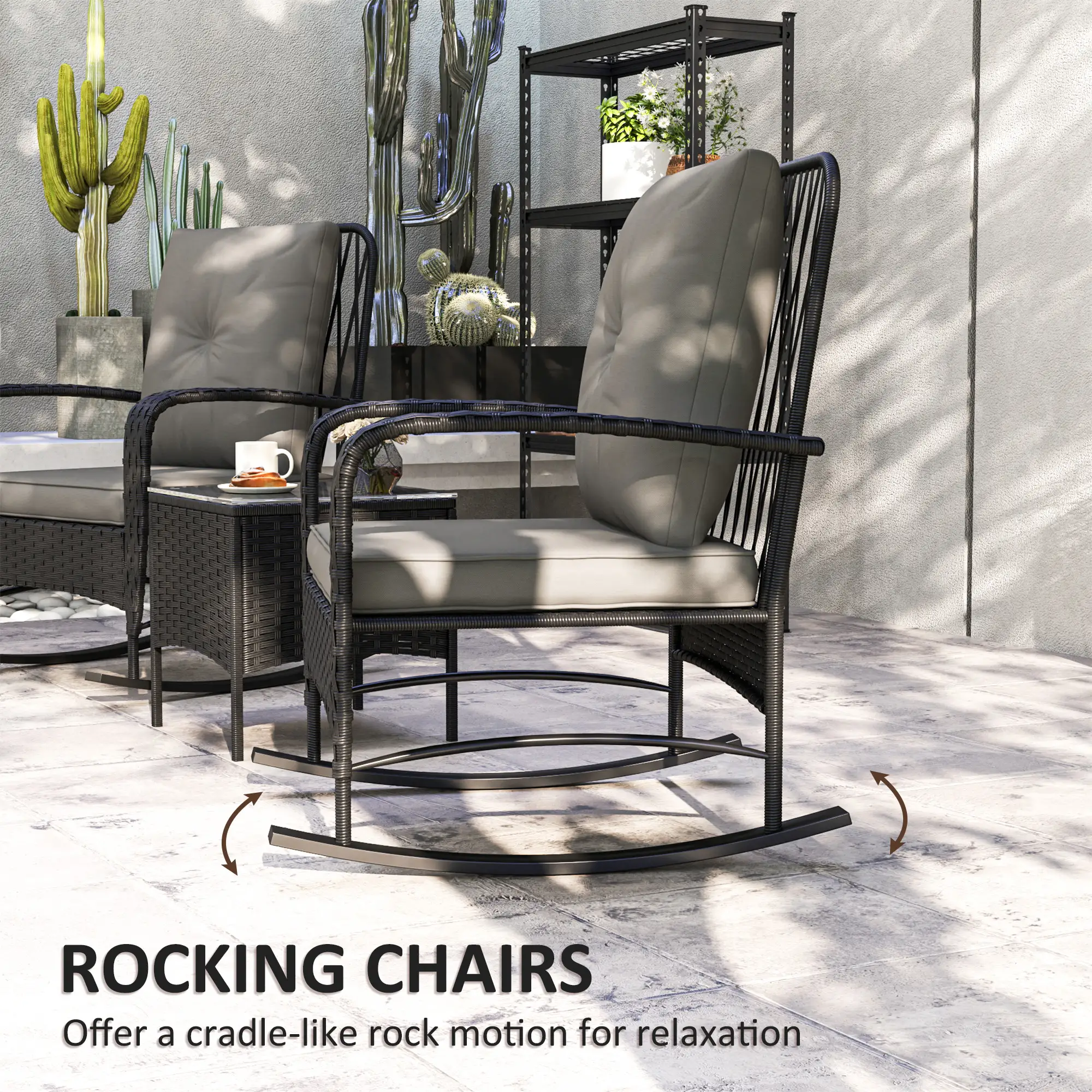 3pc Rattan Bistro Set, Wicker Patio Furniture, Rocking Chairs, Grey - Image 4