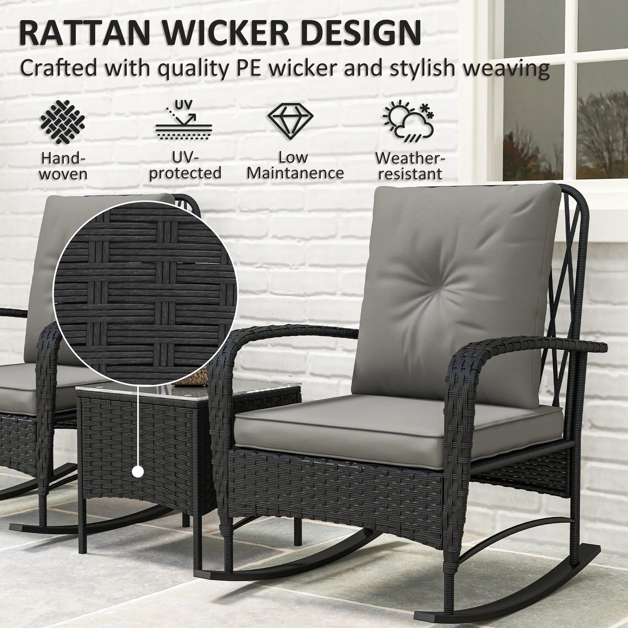 3pc Rattan Bistro Set, Wicker Patio Furniture, Rocking Chairs, Grey - Image 5