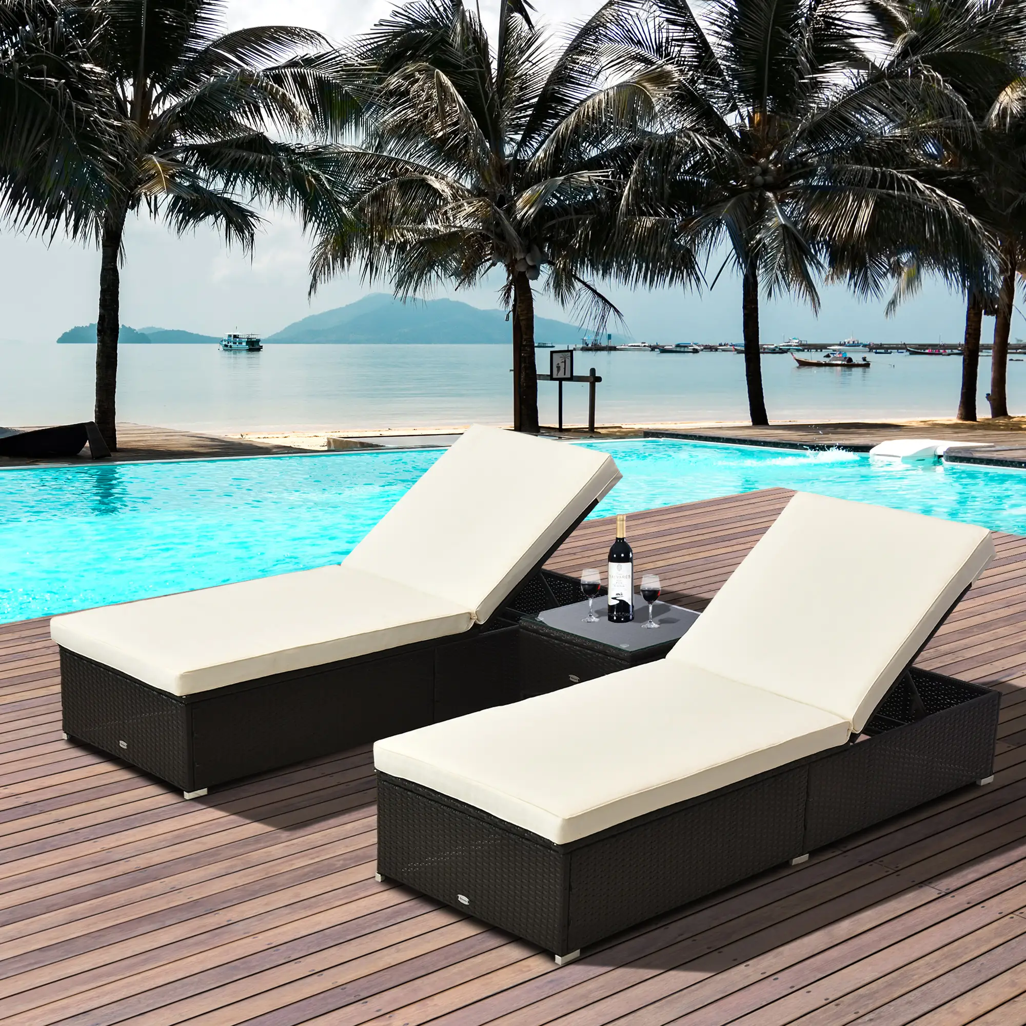 3pc Rattan Lounge Chair Set, Side Table, Outdoor Patio, Cushion - Image 2