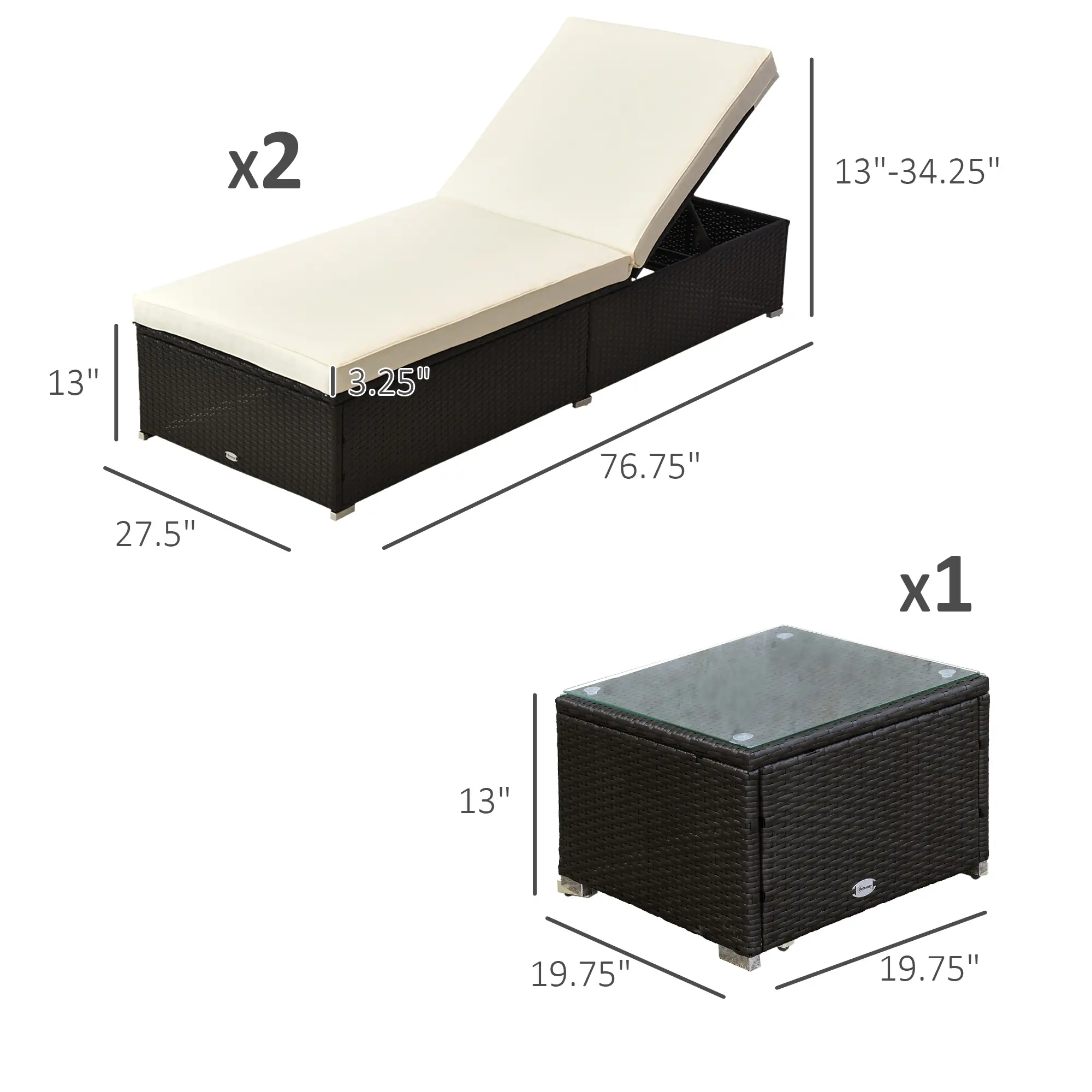 3pc Rattan Lounge Chair Set, Side Table, Outdoor Patio, Cushion - Image 3