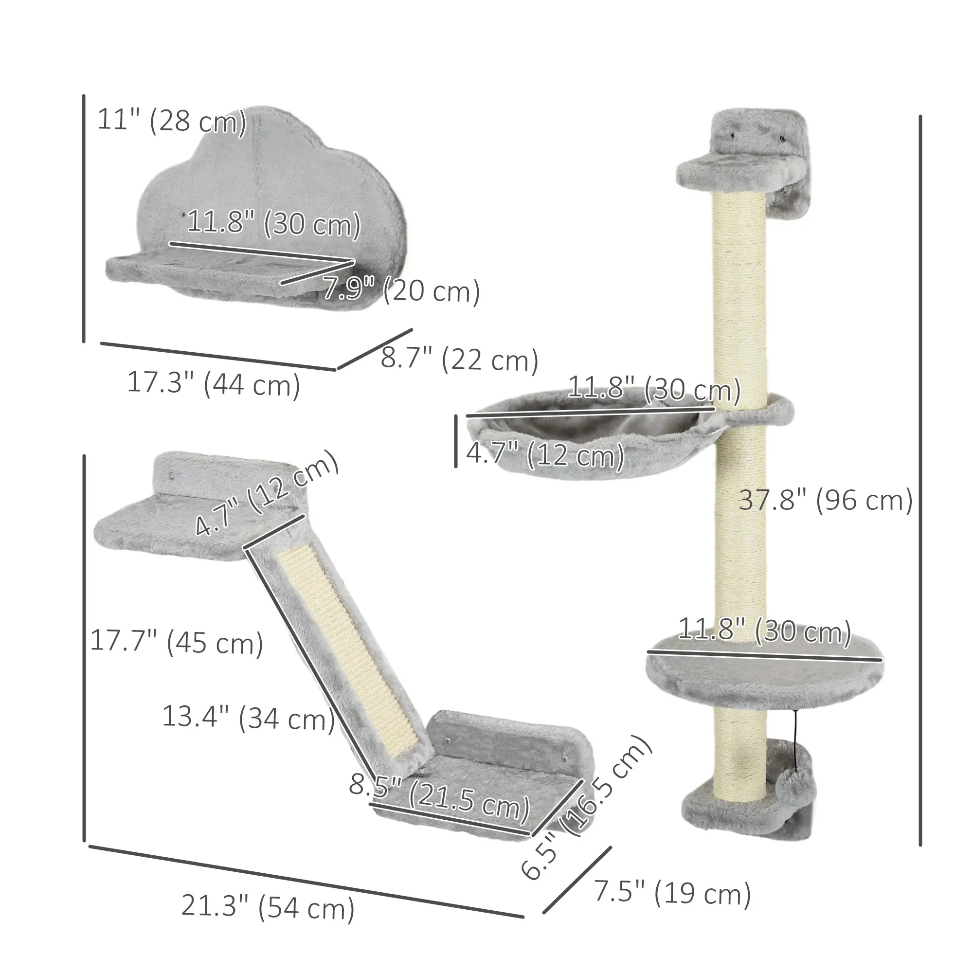 3PCs Cat Shelves, Hammock, Scratching Posts, Platforms, Grey - Image 3