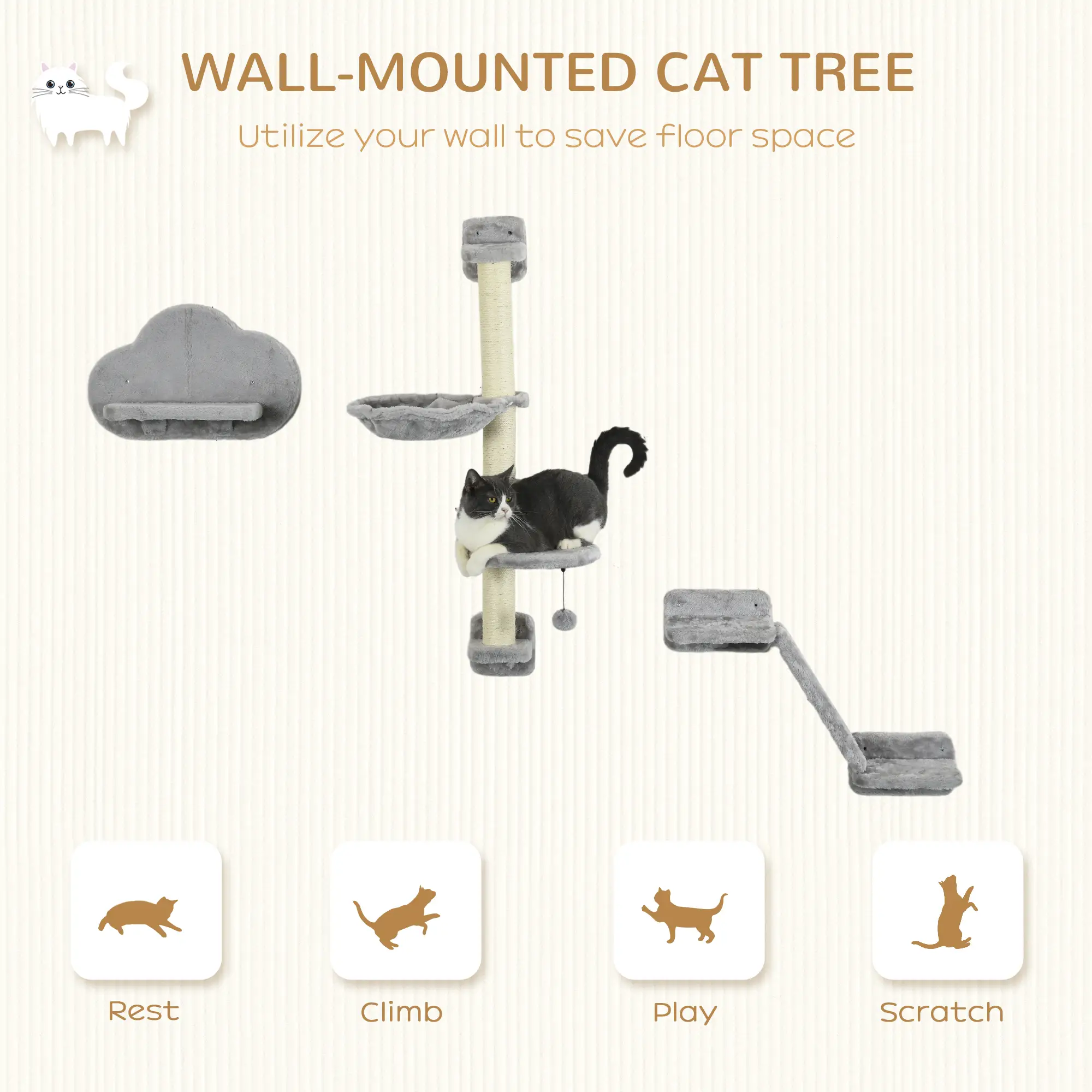3PCs Cat Shelves, Hammock, Scratching Posts, Platforms, Grey - Image 4