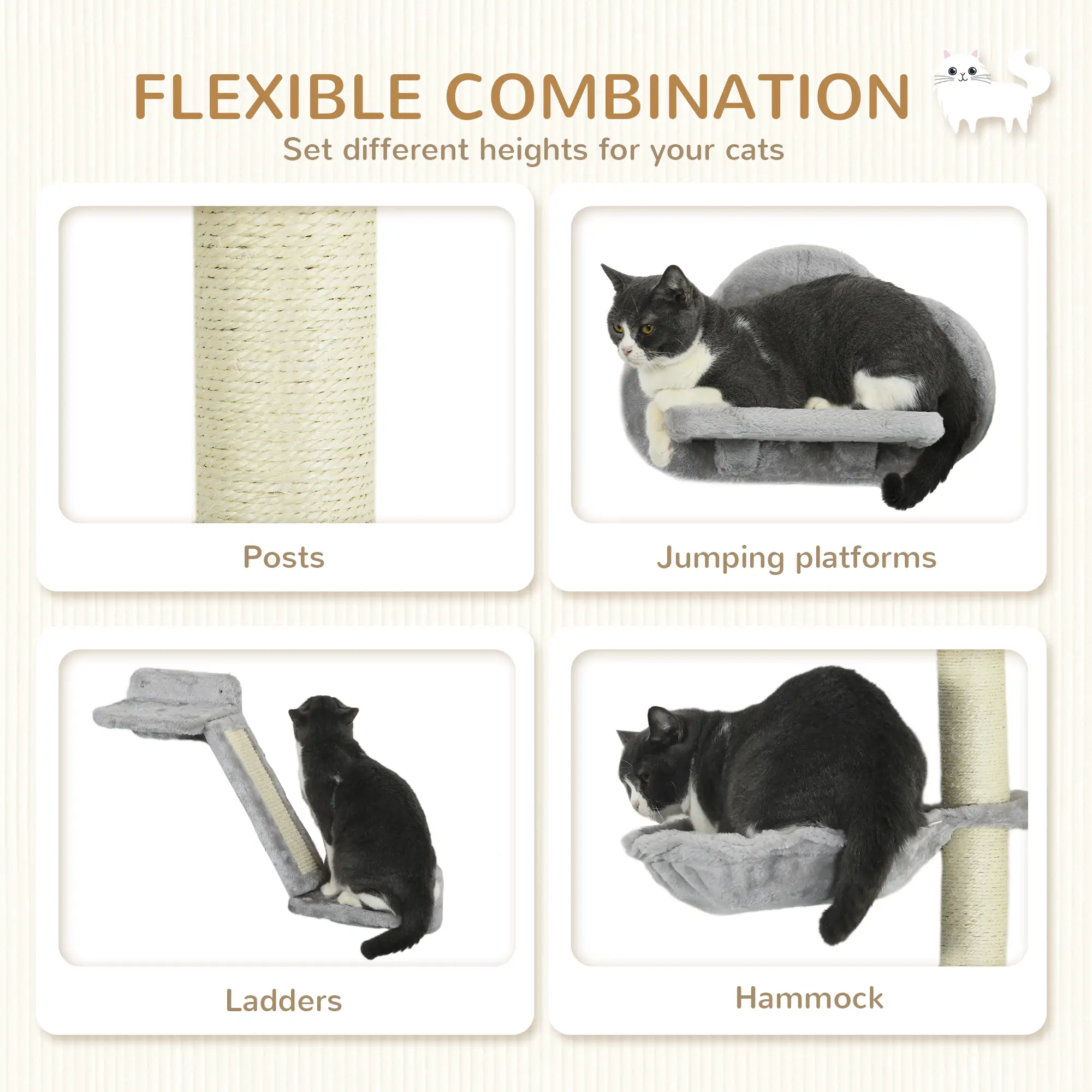 3PCs Cat Shelves, Hammock, Scratching Posts, Platforms, Grey - Image 5