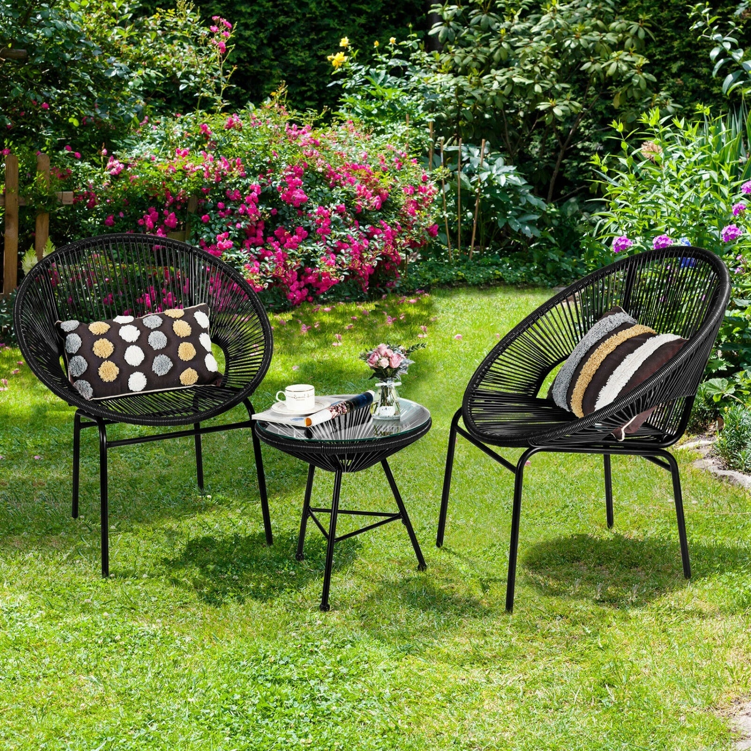 3PCS Patio Acapulco Bistro Set, Glass Table, Black - Image 3