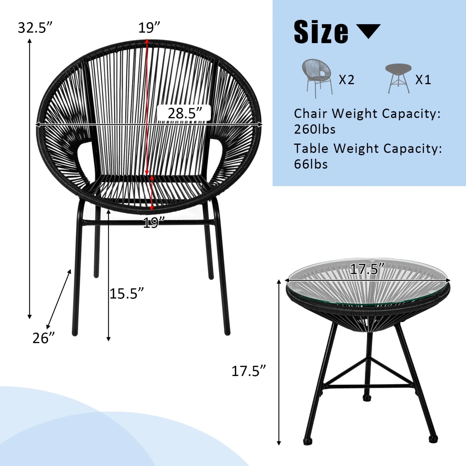 3PCS Patio Acapulco Bistro Set, Glass Table, Black - Image 7