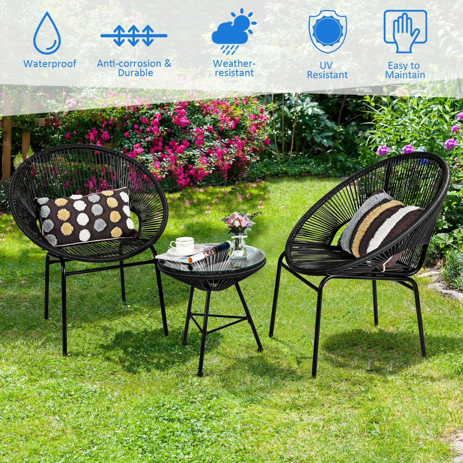3PCS Patio Acapulco Bistro Set, Glass Table, Black - Image 9
