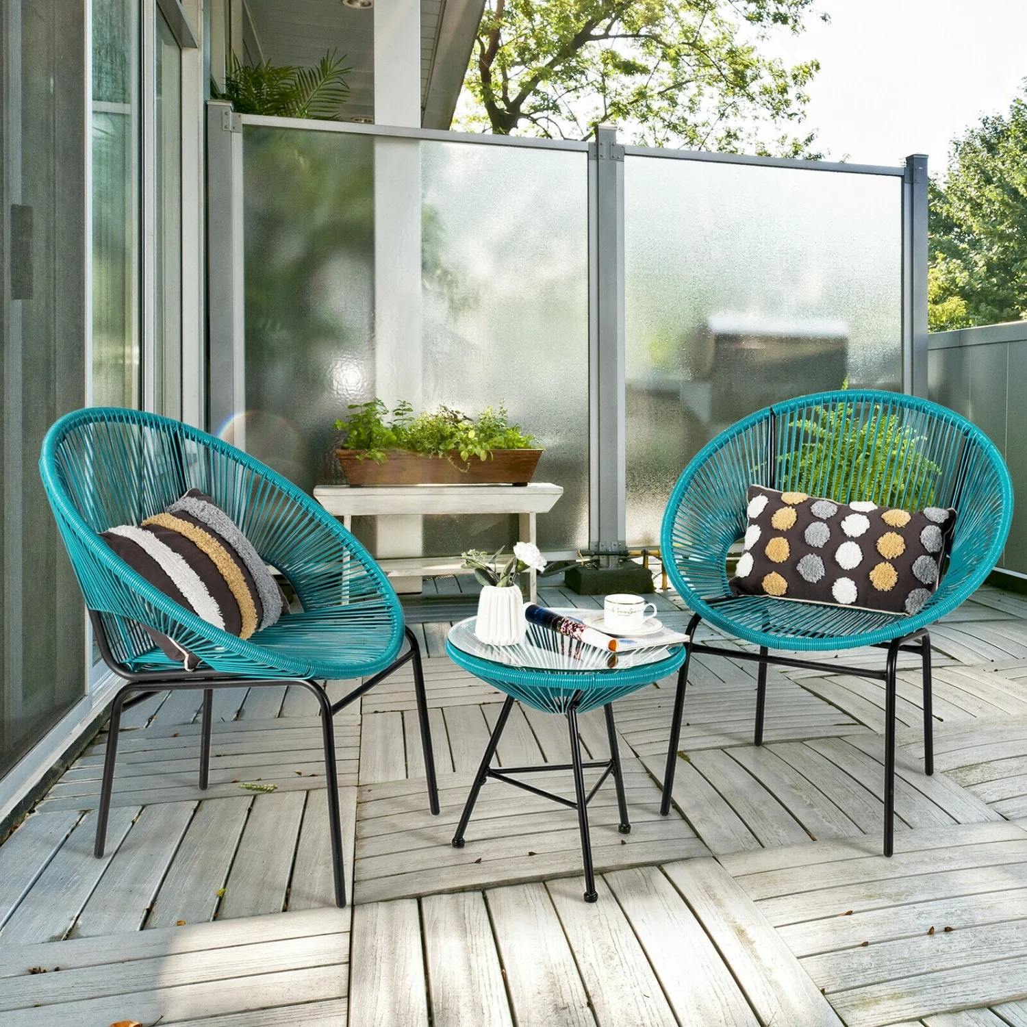 3PCS Patio Acapulco Bistro Set, Glass Table, Turquoise - Image 3
