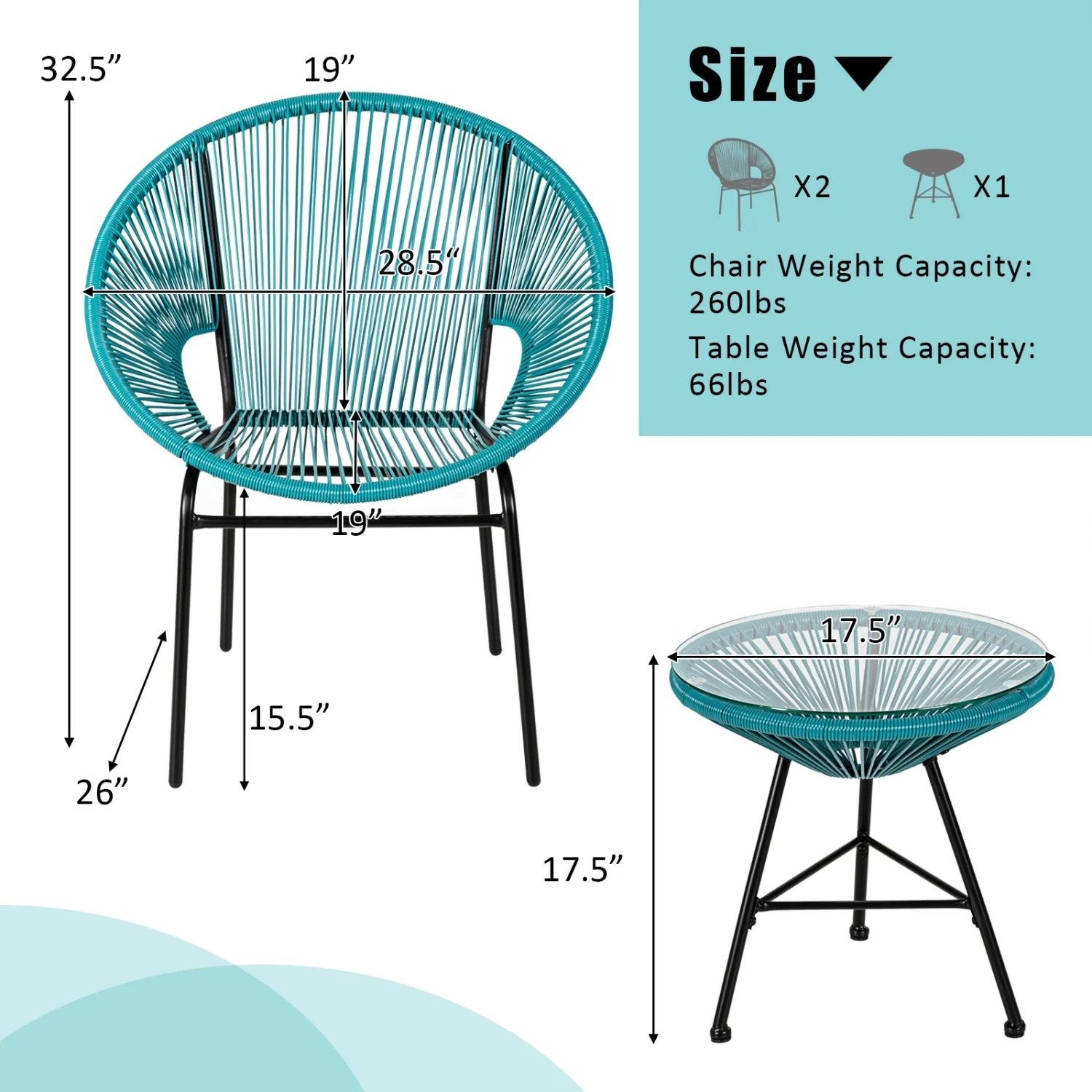 3PCS Patio Acapulco Bistro Set, Glass Table, Turquoise - Image 7