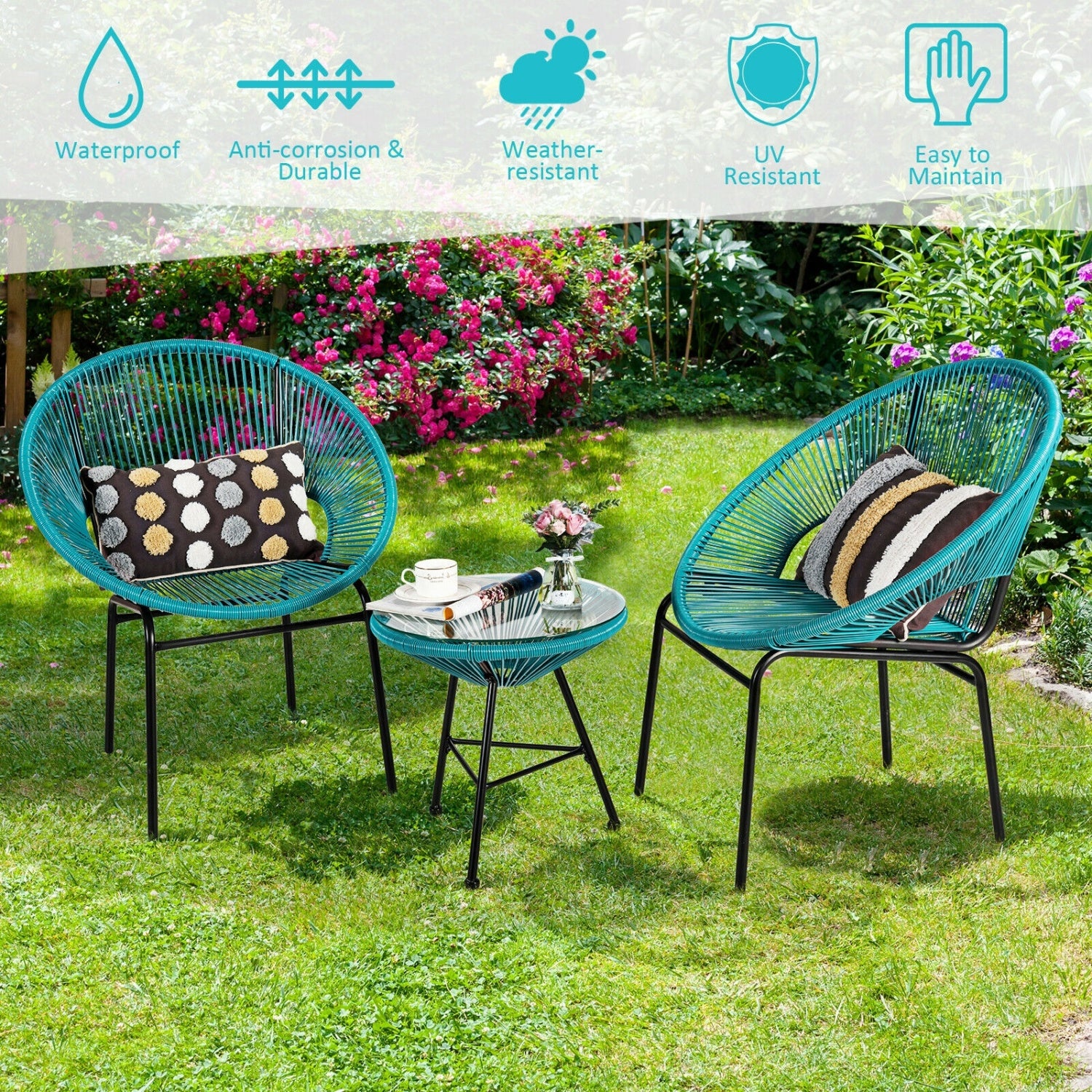 3PCS Patio Acapulco Bistro Set, Glass Table, Turquoise - Image 9