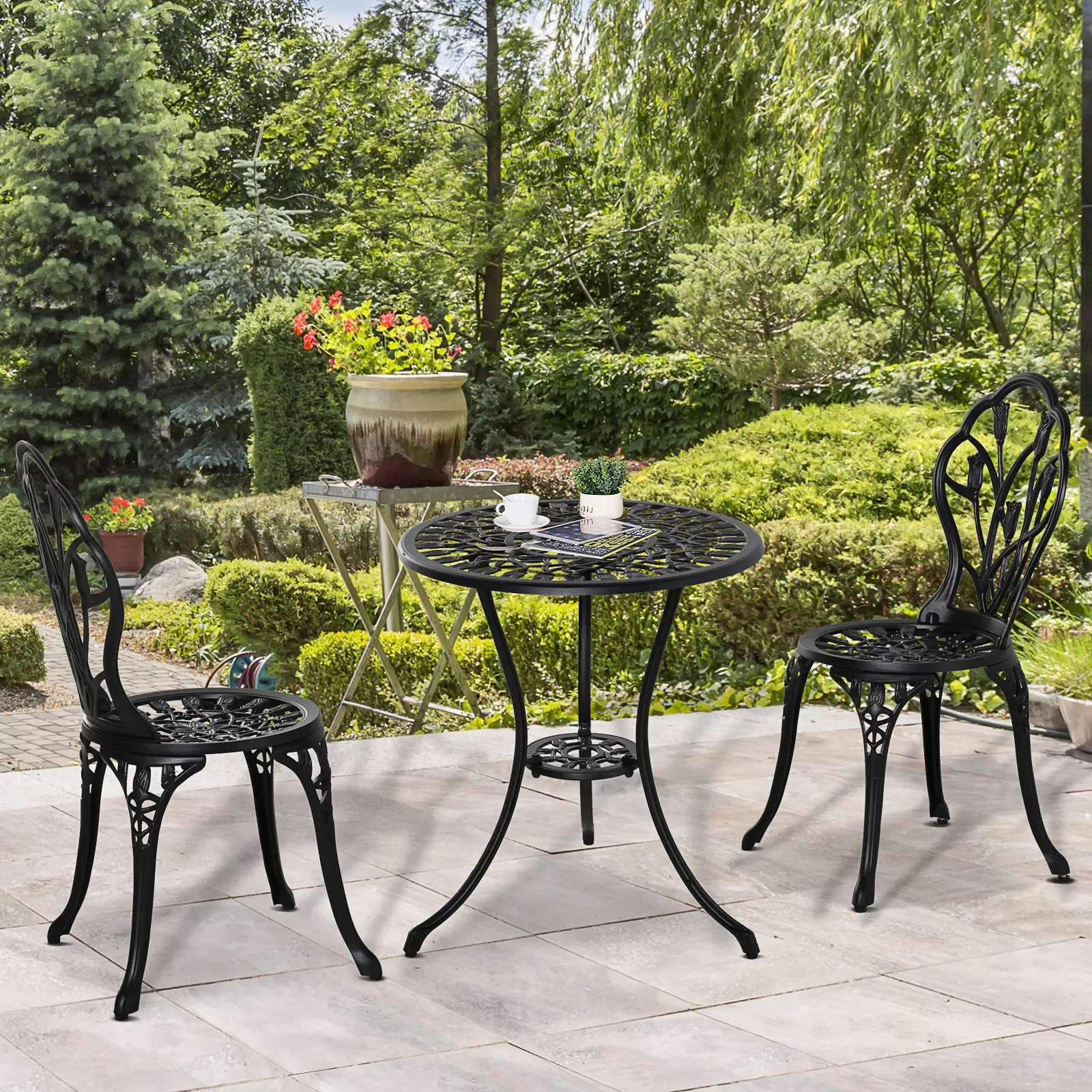 3PCs Patio Bistro Set, Outdoor Cast Aluminum Table and Chairs, Black - Image 2