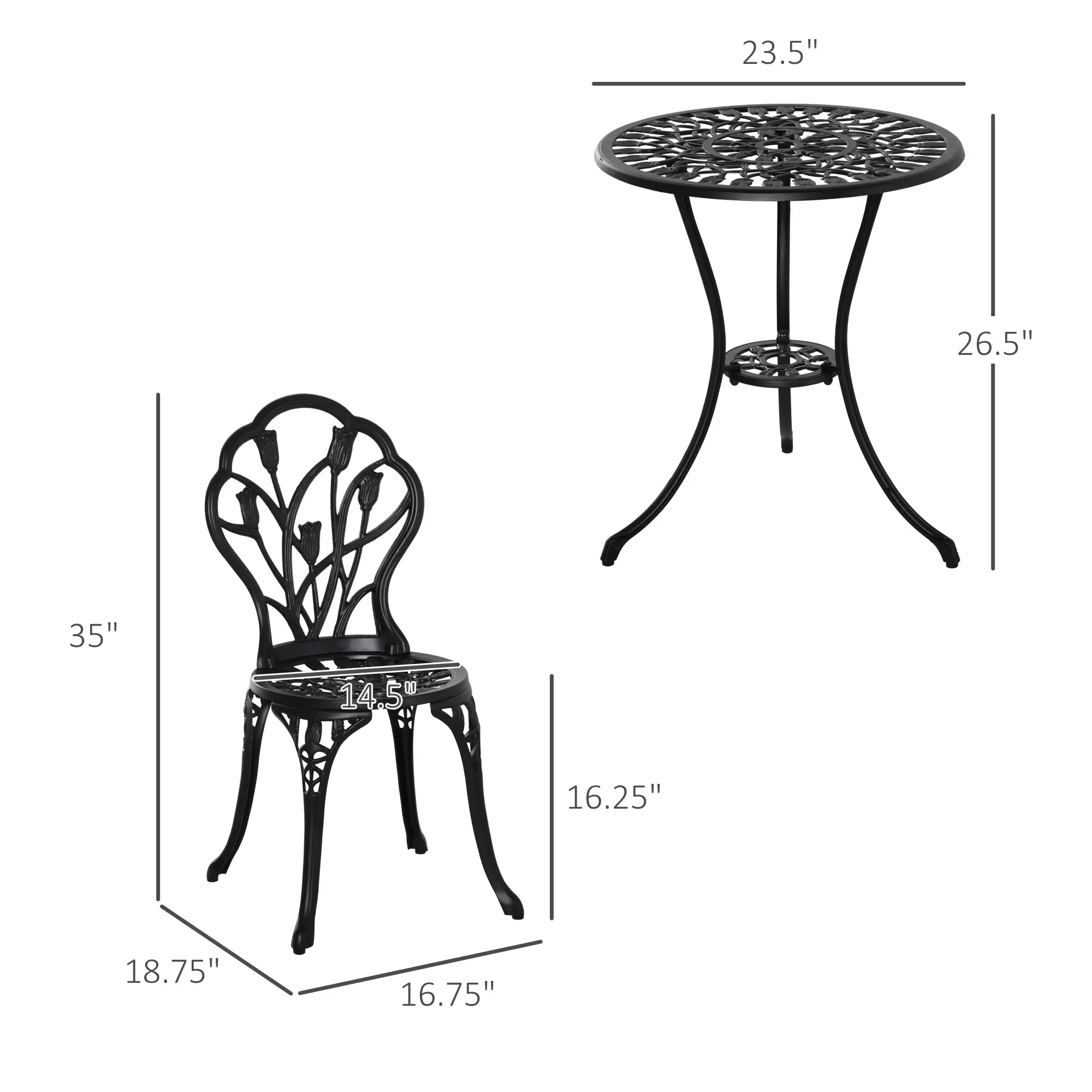 3PCs Patio Bistro Set, Outdoor Cast Aluminum Table and Chairs, Black - Image 3