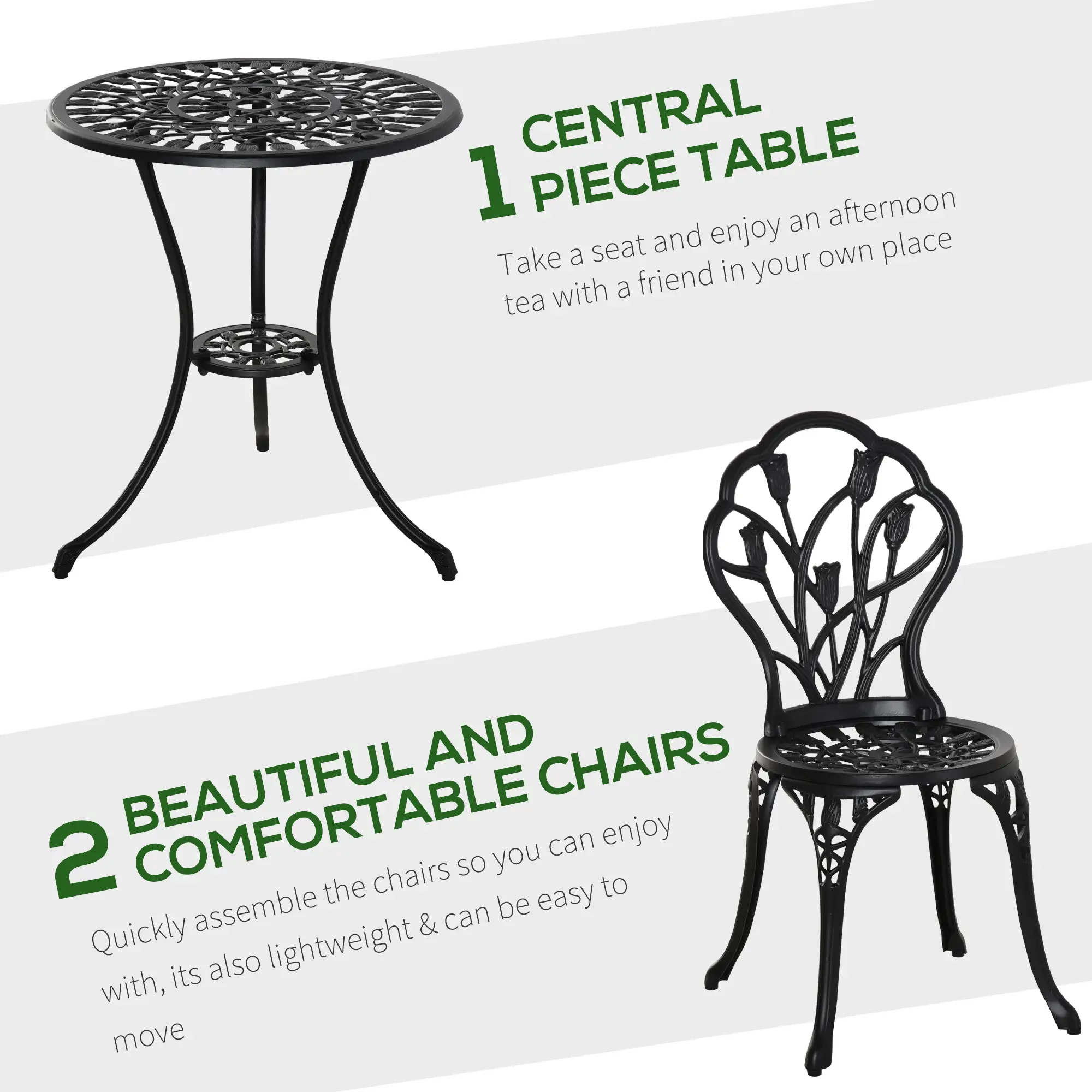 3PCs Patio Bistro Set, Outdoor Cast Aluminum Table and Chairs, Black - Image 4