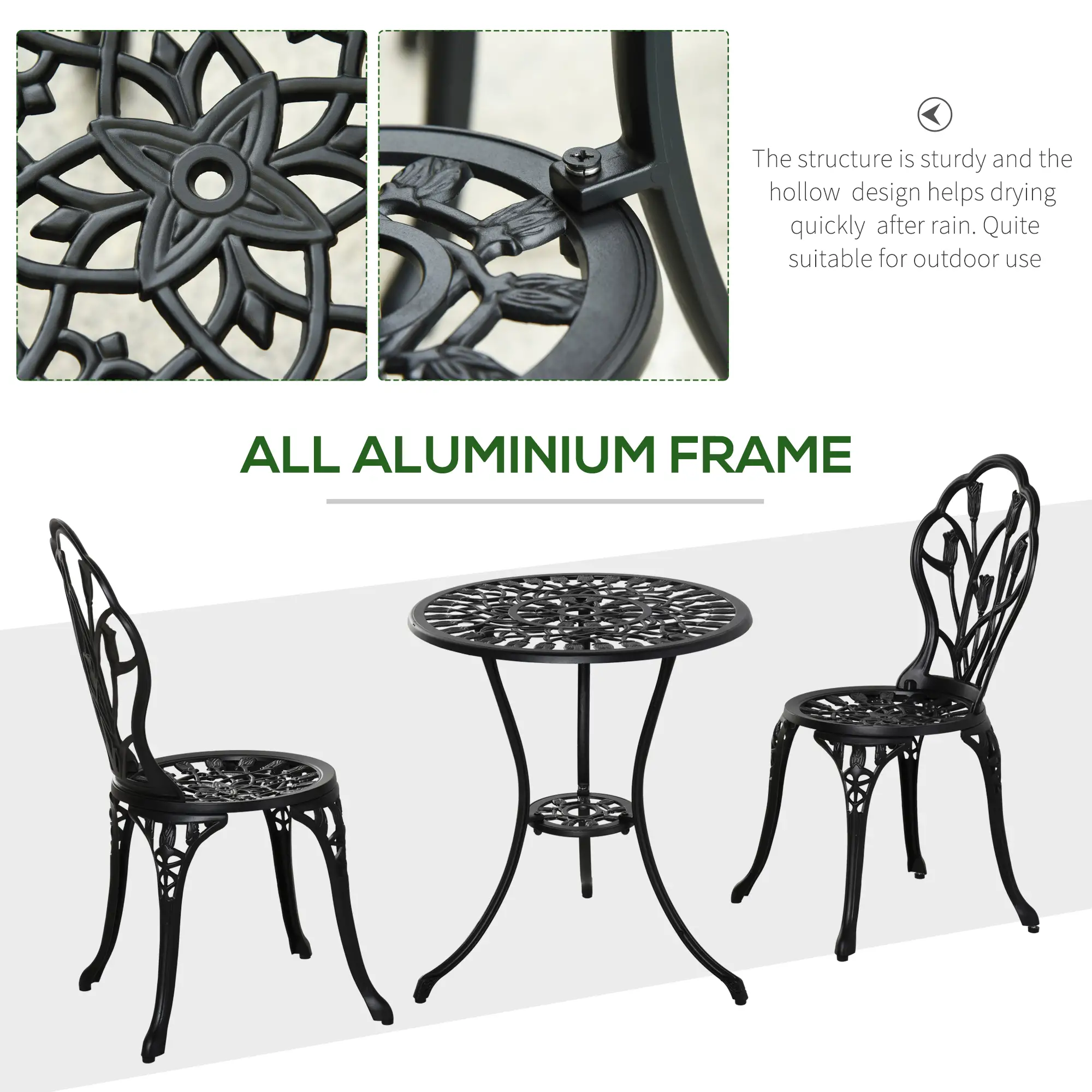 3PCs Patio Bistro Set, Outdoor Cast Aluminum Table and Chairs, Black - Image 5