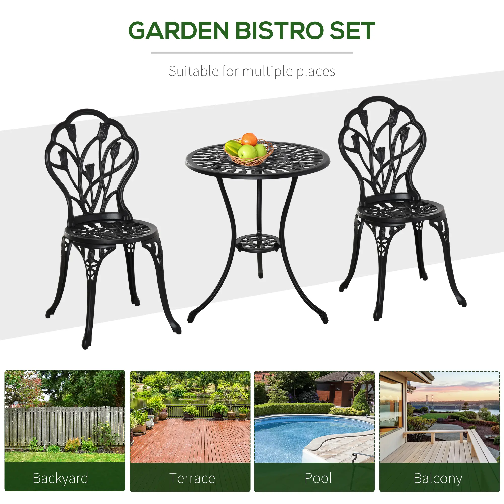 3PCs Patio Bistro Set, Outdoor Cast Aluminum Table and Chairs, Black - Image 7