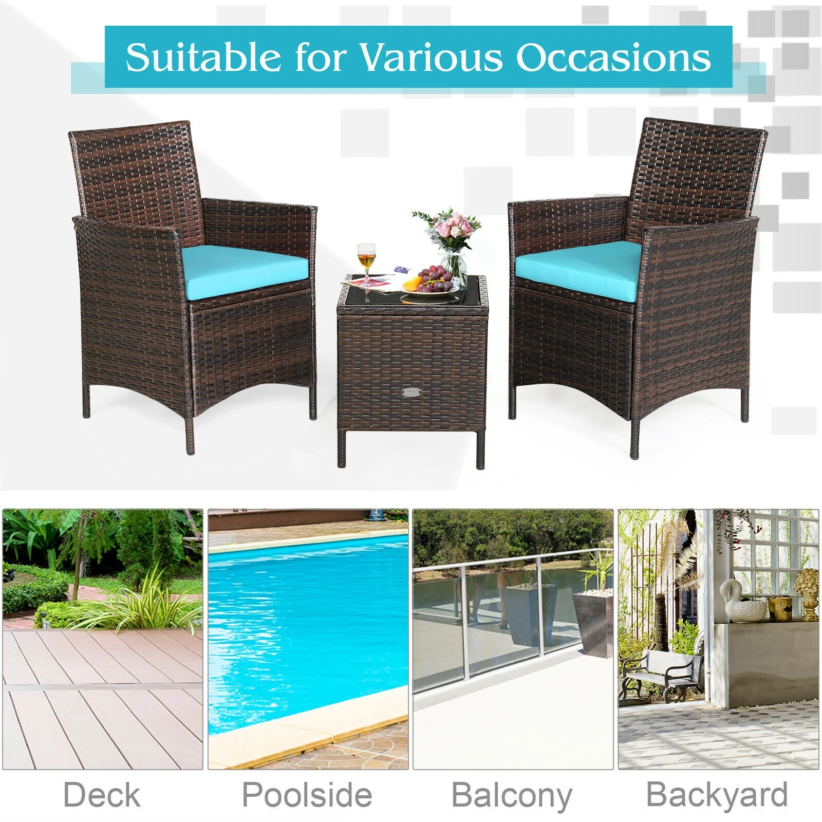 3Pcs Patio Rattan Furniture Set, Cushioned Sofa, Glass Tabletop, Blue - Image 10