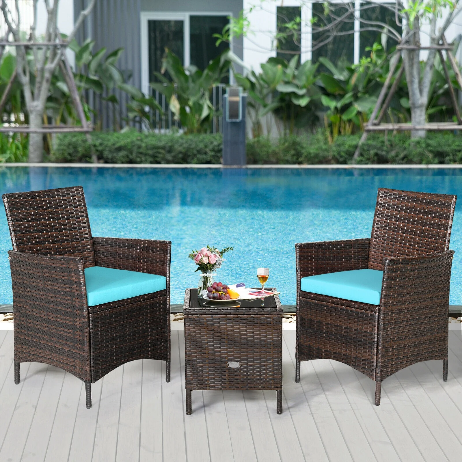 3Pcs Patio Rattan Furniture Set, Cushioned Sofa, Glass Tabletop, Blue - Image 2