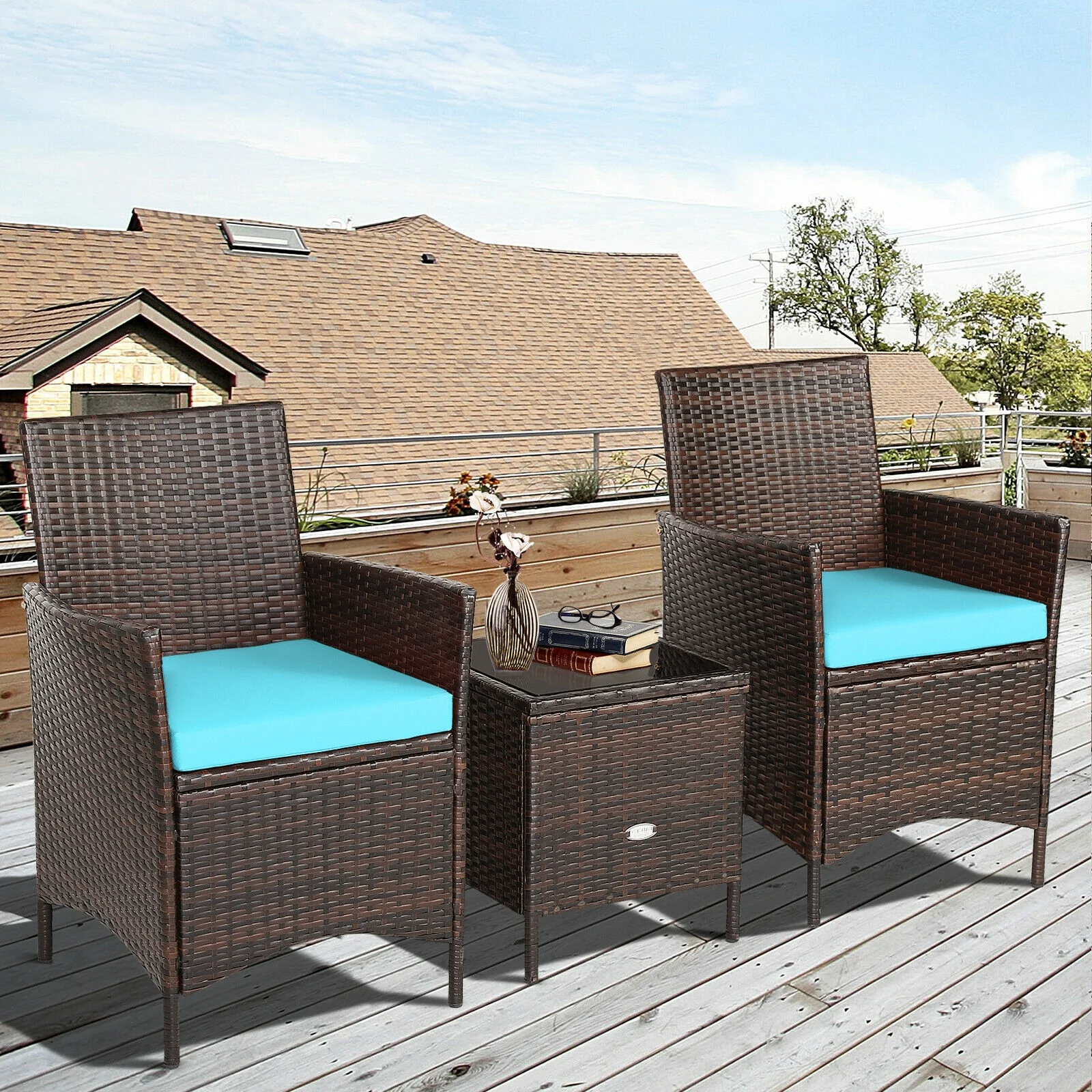 3Pcs Patio Rattan Furniture Set, Cushioned Sofa, Glass Tabletop, Blue - Image 4