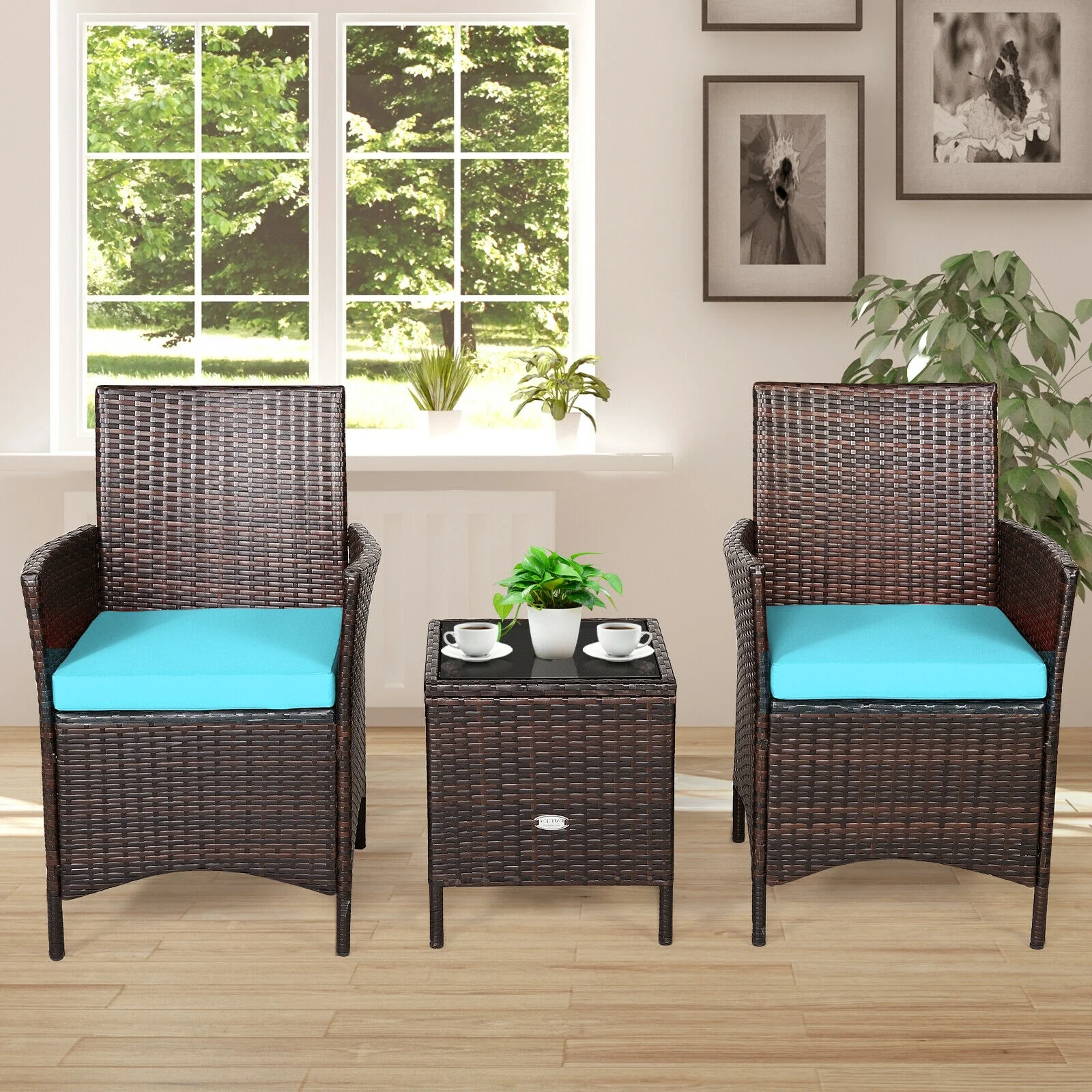 3Pcs Patio Rattan Furniture Set, Cushioned Sofa, Glass Tabletop, Blue - Image 5