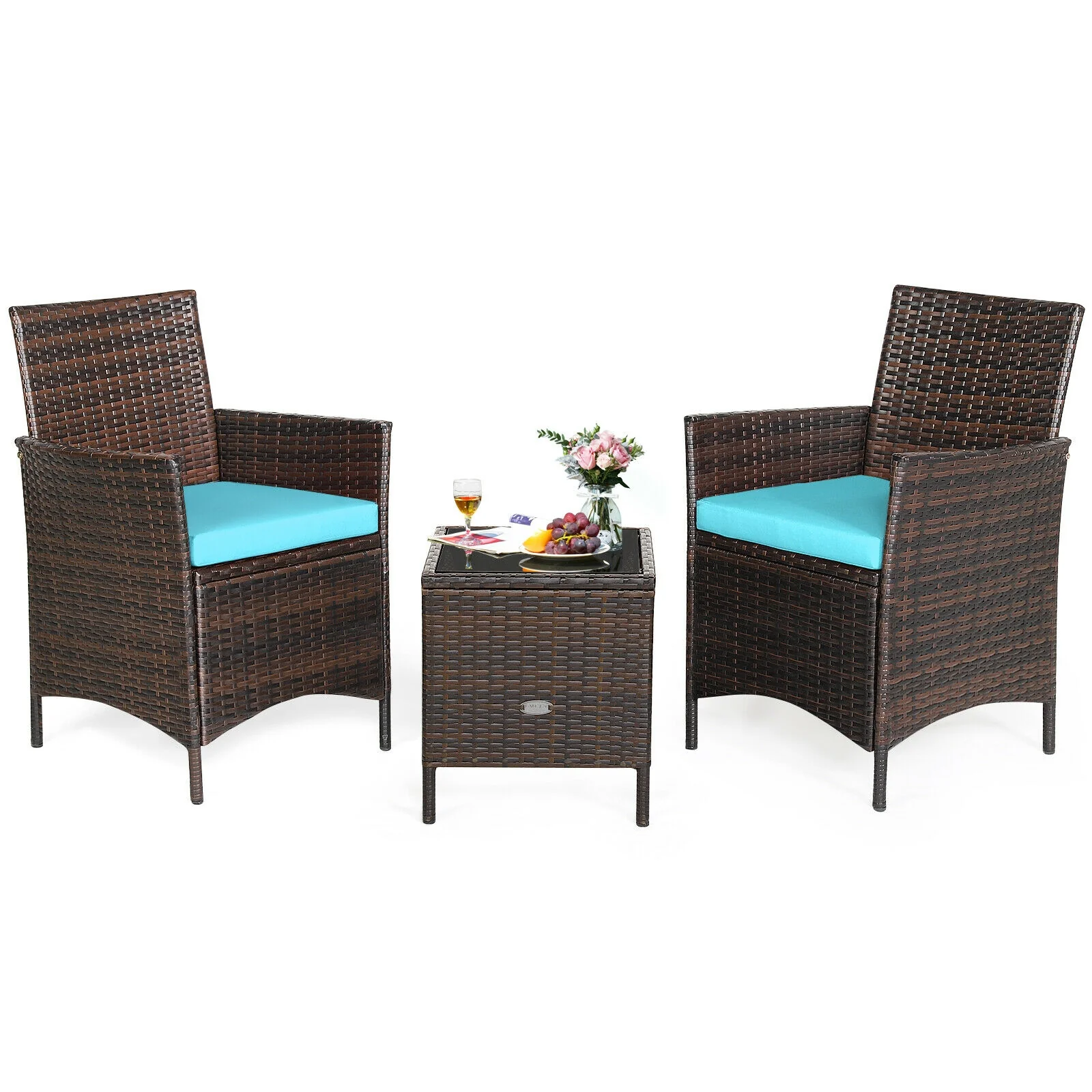3Pcs Patio Rattan Furniture Set, Cushioned Sofa, Glass Tabletop, Blue - Image 6