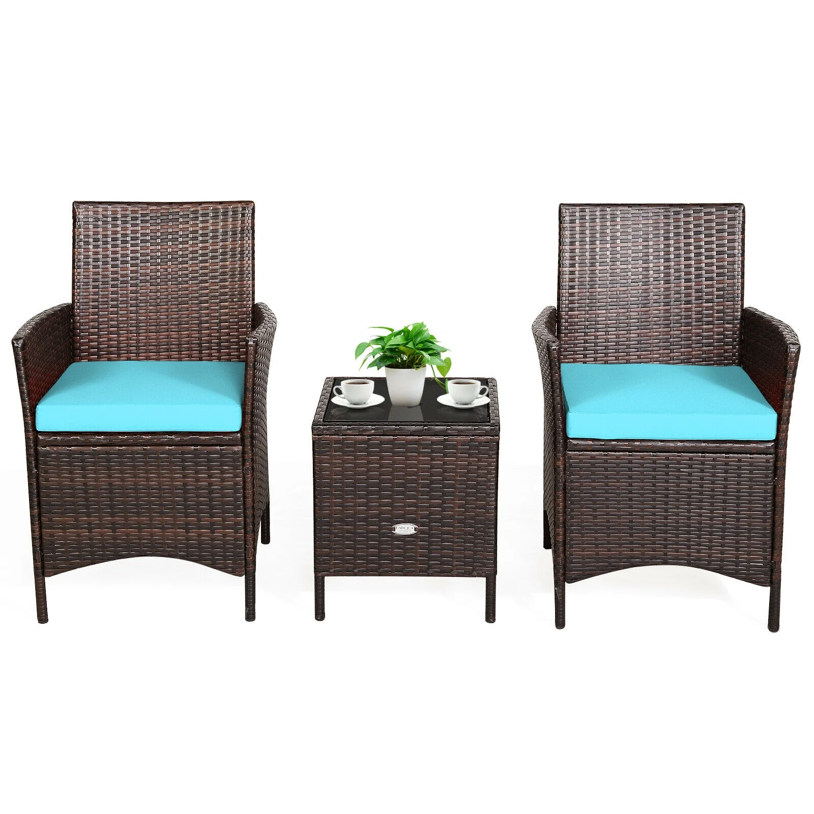 3Pcs Patio Rattan Furniture Set, Cushioned Sofa, Glass Tabletop, Blue - Image 7