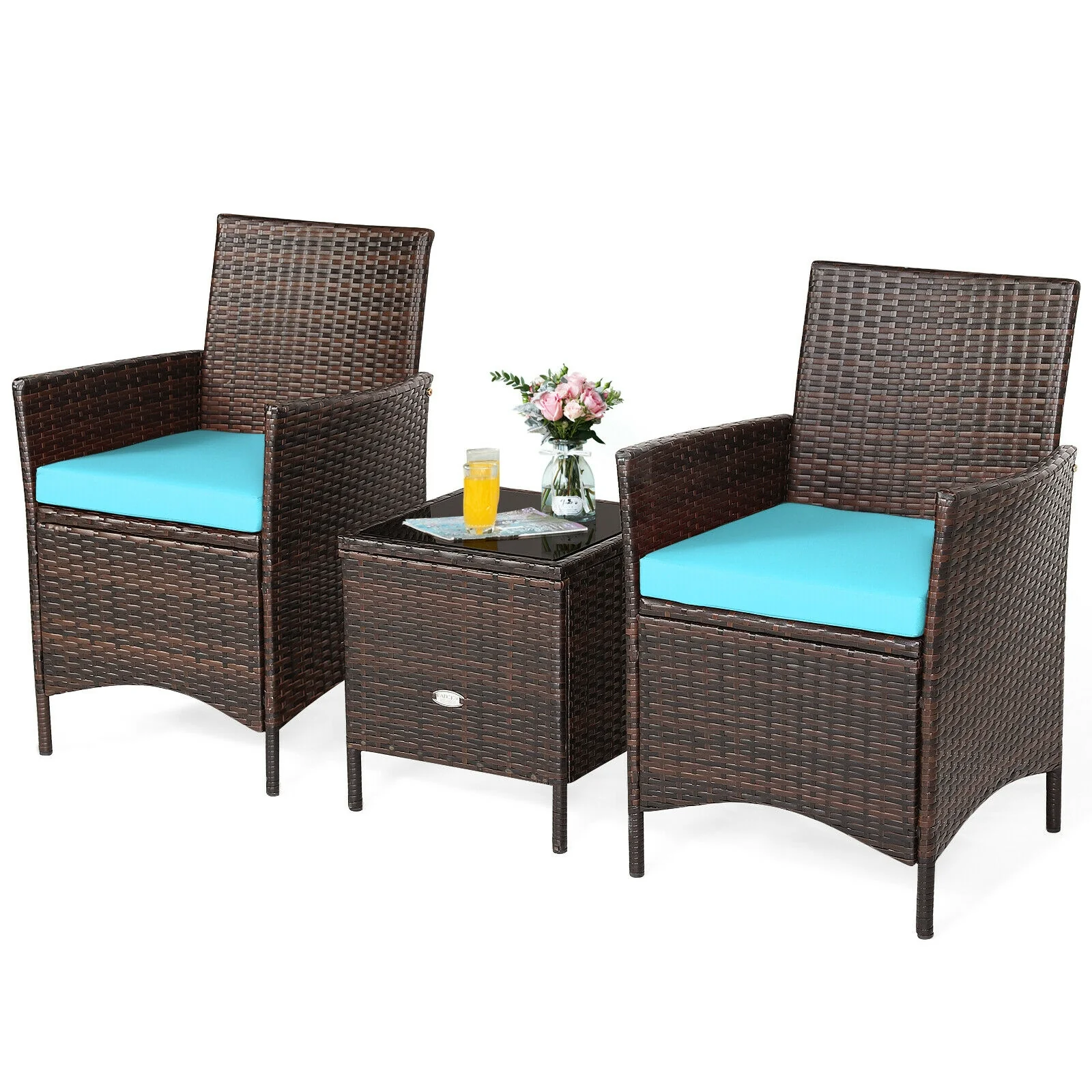 3Pcs Patio Rattan Furniture Set, Cushioned Sofa, Glass Tabletop, Blue - Image 8