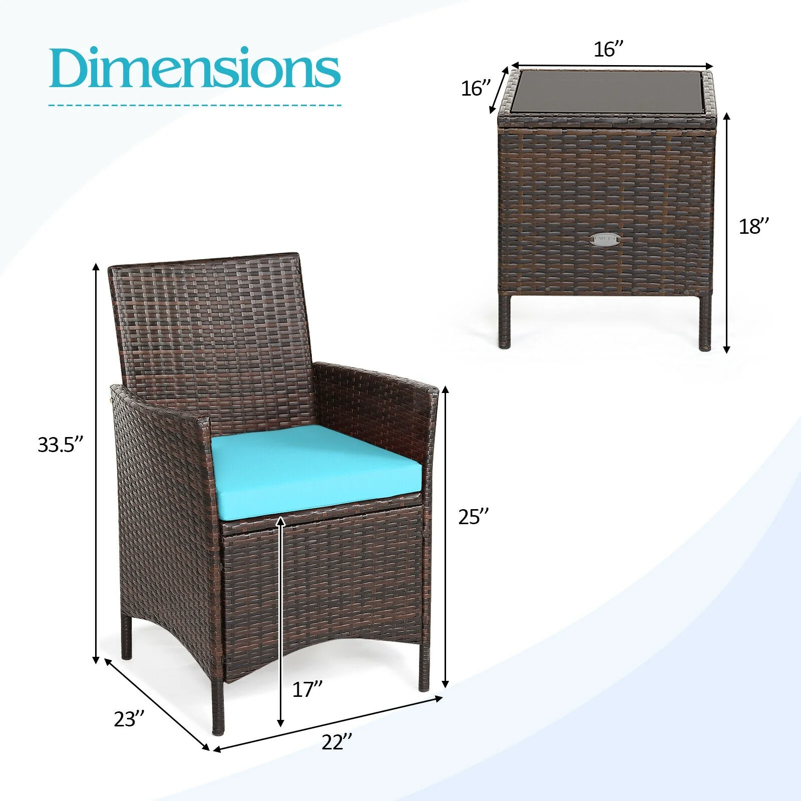 3Pcs Patio Rattan Furniture Set, Cushioned Sofa, Glass Tabletop, Blue - Image 9