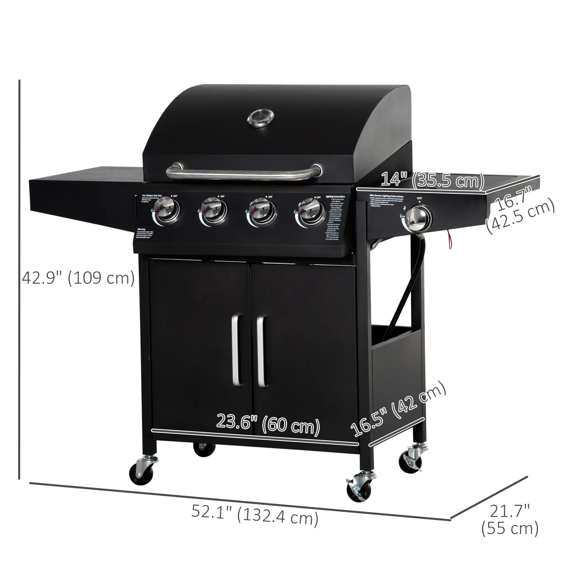 4+1 Burner LP Gas Grill Outdoor BBQ Trolley, Black - Image 3