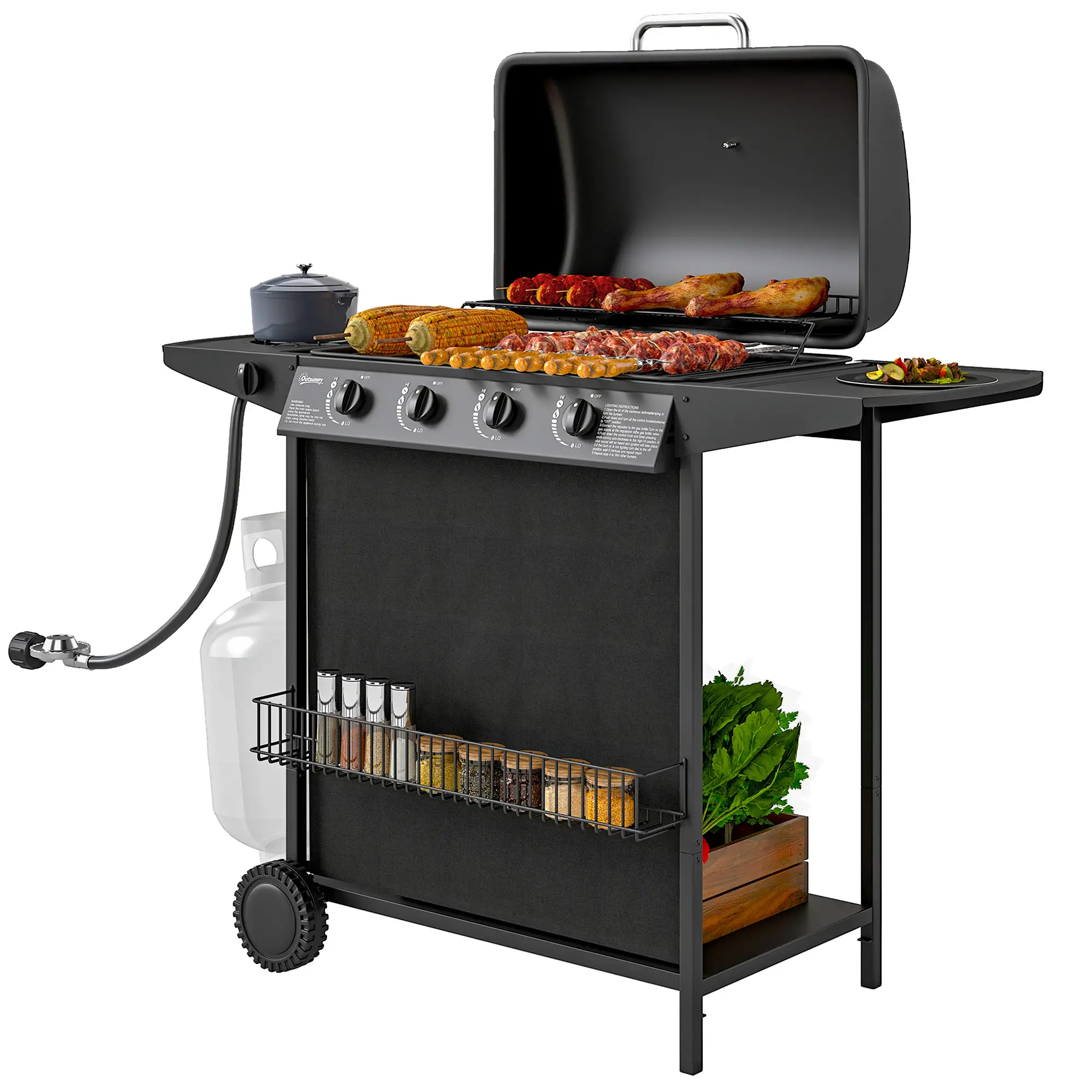 4+1 Burner Propane Gas BBQ Grill, Portable With Side Burner, Thermometer, Black