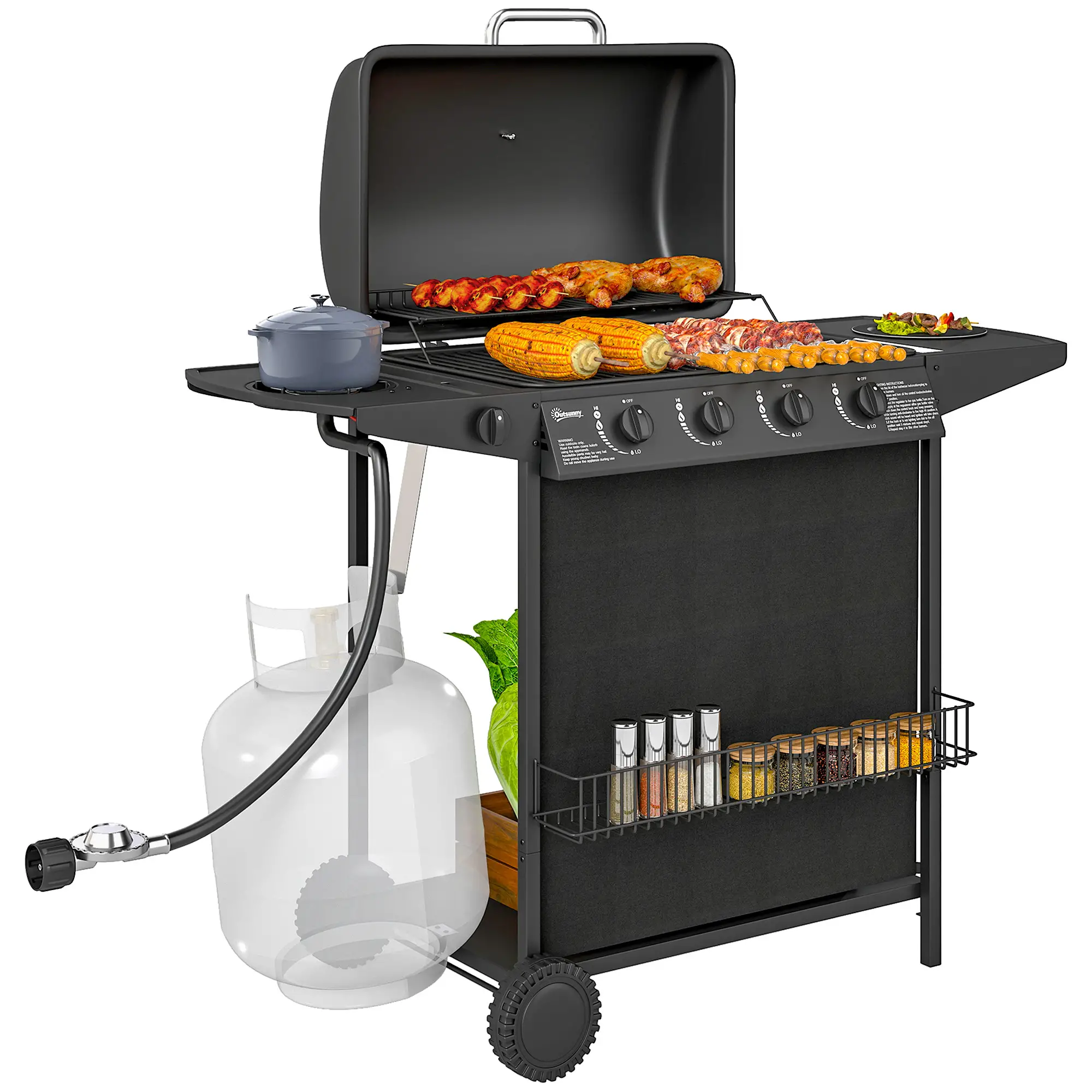 4+1 Burner Propane Gas BBQ Grill, Portable With Side Burner, Thermometer, Black - Image 11