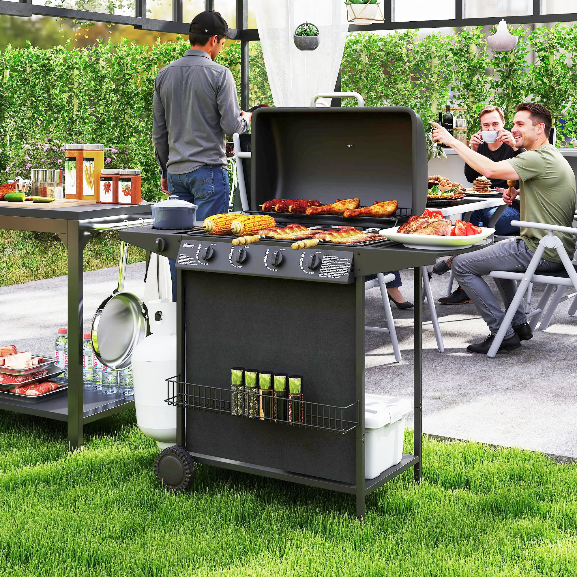 4+1 Burner Propane Gas BBQ Grill, Portable With Side Burner, Thermometer, Black - Image 2