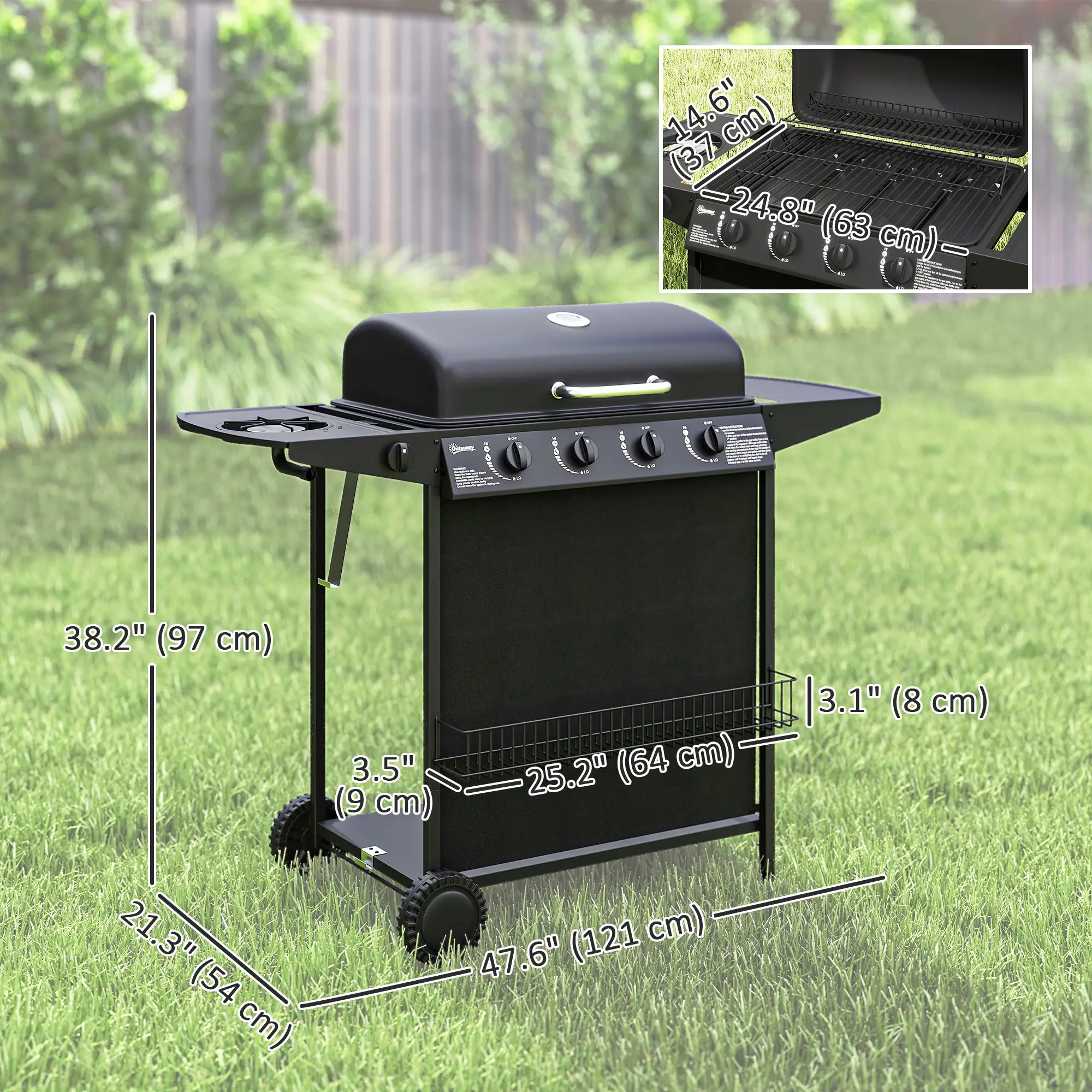 4+1 Burner Propane Gas BBQ Grill, Portable With Side Burner, Thermometer, Black - Image 3